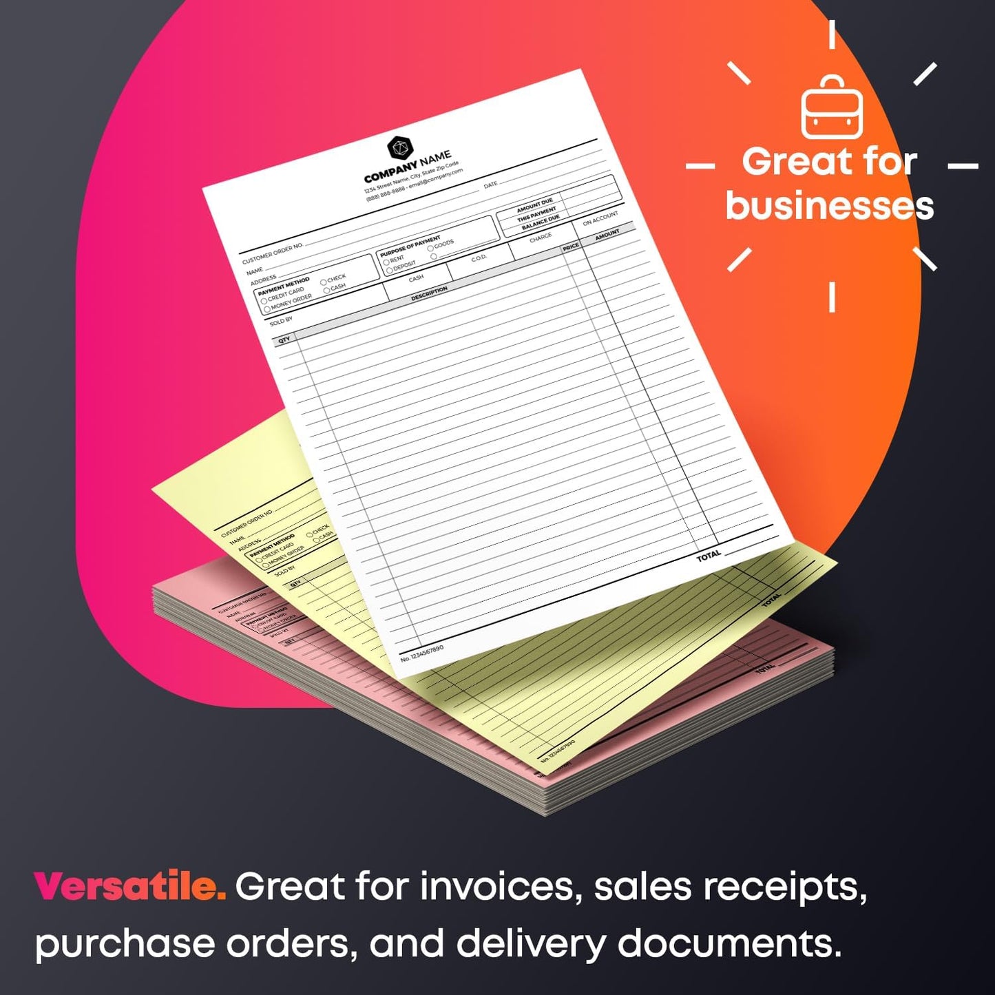 Custom Print 8.5" x 11" Carbonless NCR Forms for Printing Business and Company Invoices, Receipts, Work Orders, Sales Orders, Purchase Orders, Estimates and Quotes - Loose Sheets (3-Part, 100)