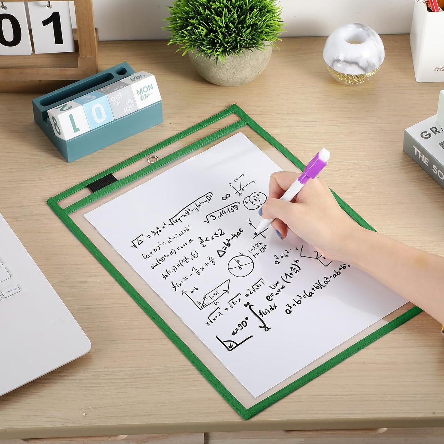 Nezyo Dry Erase Pockets Plastic Job Ticket Holders Shop Holder Order Pockets Clear Sleeves Tickets Folders Plastic Sleeves Paper Teacher Supplies for Classroom(14 x 10 in,Dark Green,20 Pcs)
