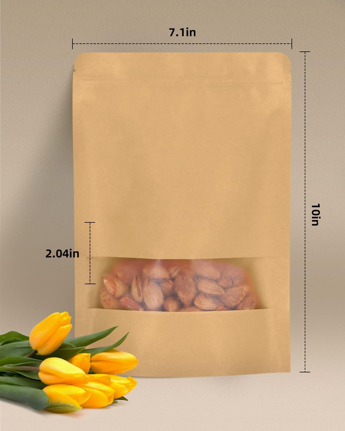 100pcs Kraft Bags with Window 7.1x10 Inches Brown Reusable Sealable Zip Lock Food Storage Stand up Paper Pouches for Home or Business