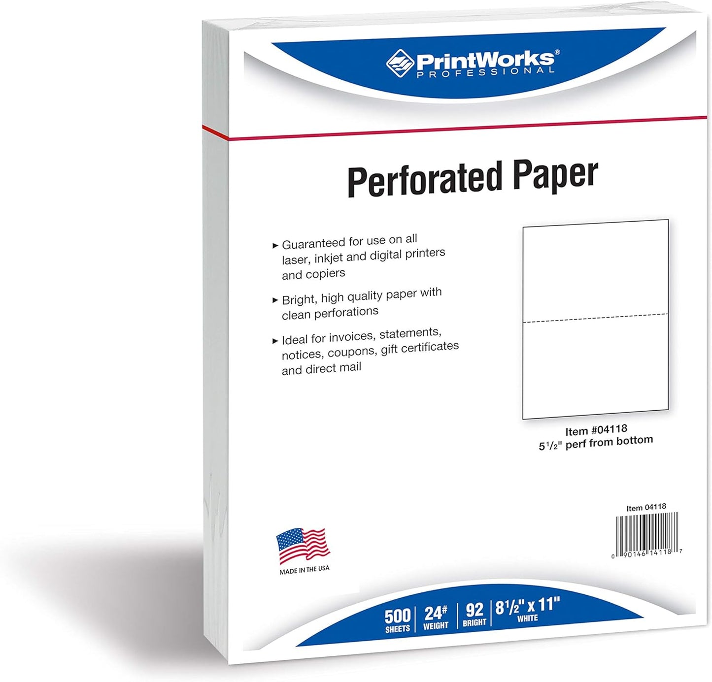 PrintWorks Professional Half Sheet Perforated Paper 8.5” x 11” - Perfect For W-2, 1099, & Statement Use - Made in the USA - 2500 Sheets - 24 lb - A5 Paper - Printer Compatible - White (04118C)