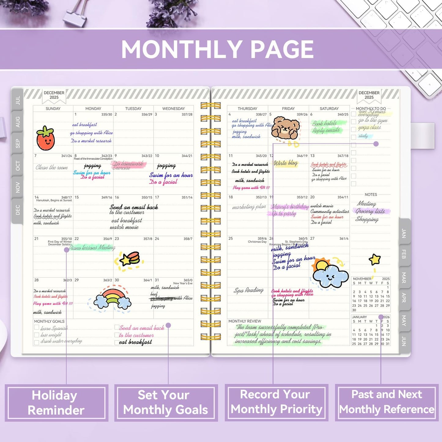 Planner 2025-2026, Academic Planners for Teacher & Student, AIMPEAK Weekly & Monthly Calendar Planner for Women, Daily Planners run from Jul.2025 - Jun.2026, Monthly Tabs, Purple, 7"x10"