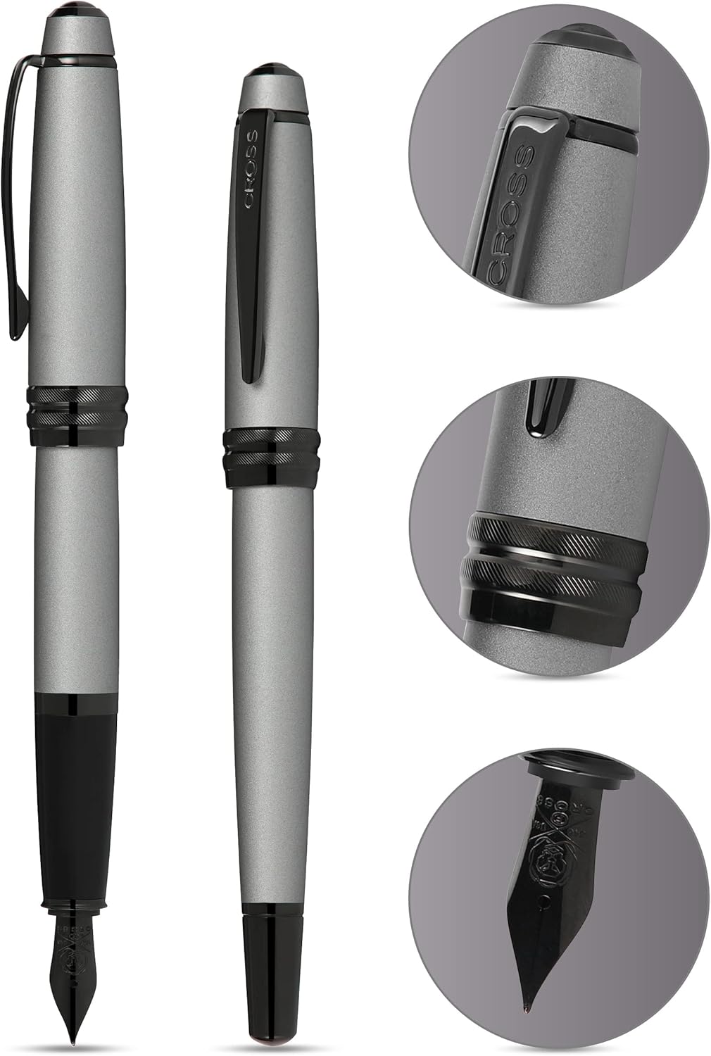 Cross Bailey Refillable Fountain Presented in a Premium Gift Box - Medium Point, Black Ink, Matte Gray