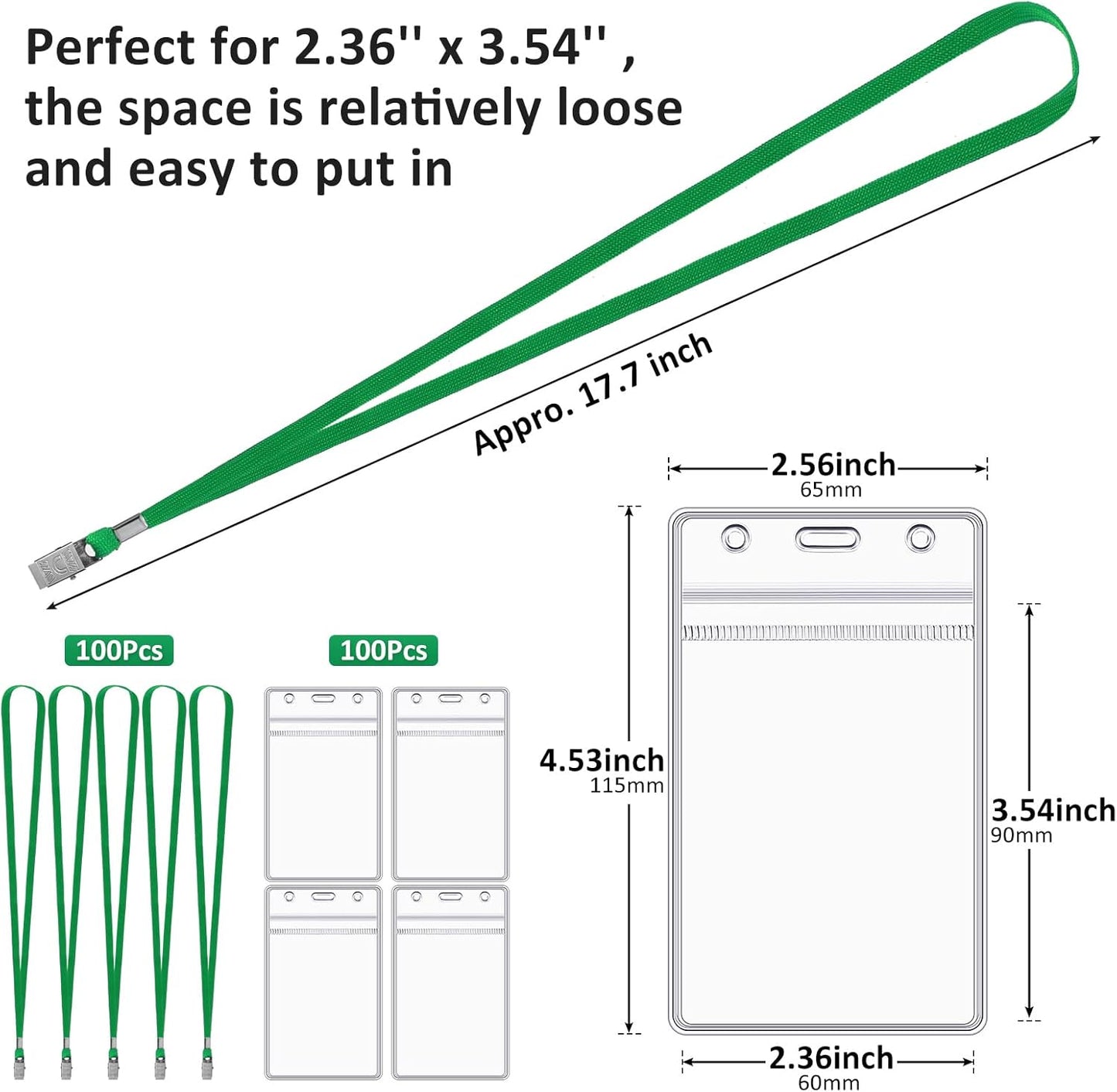 Marspark 200 Pcs Name Tag Lanyards with ID Holder Lanyards for ID Badges Resealable Flat Neck Name Tag with Clip Waterproof Plastic Clear Badges Bulk for School Office Supplies (Dark Green)