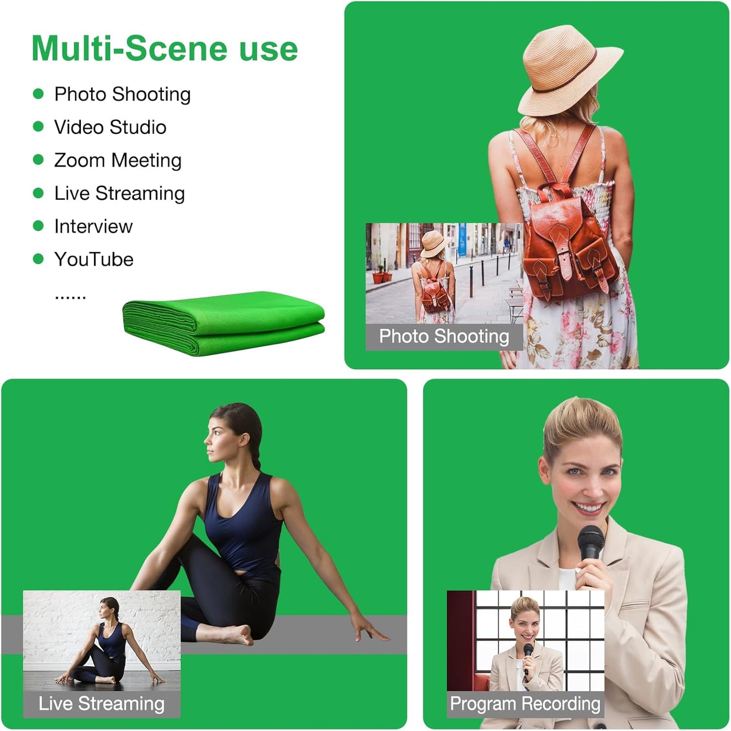 Aimosen 12 X 10 FT Large Green Screen Backdrop for Photography, GreenScreen Background for Zoom Meeting, Polyester Cloth Fabric Curtain, Chromakey Video Photoshoot Studio YouTube Conference Streaming