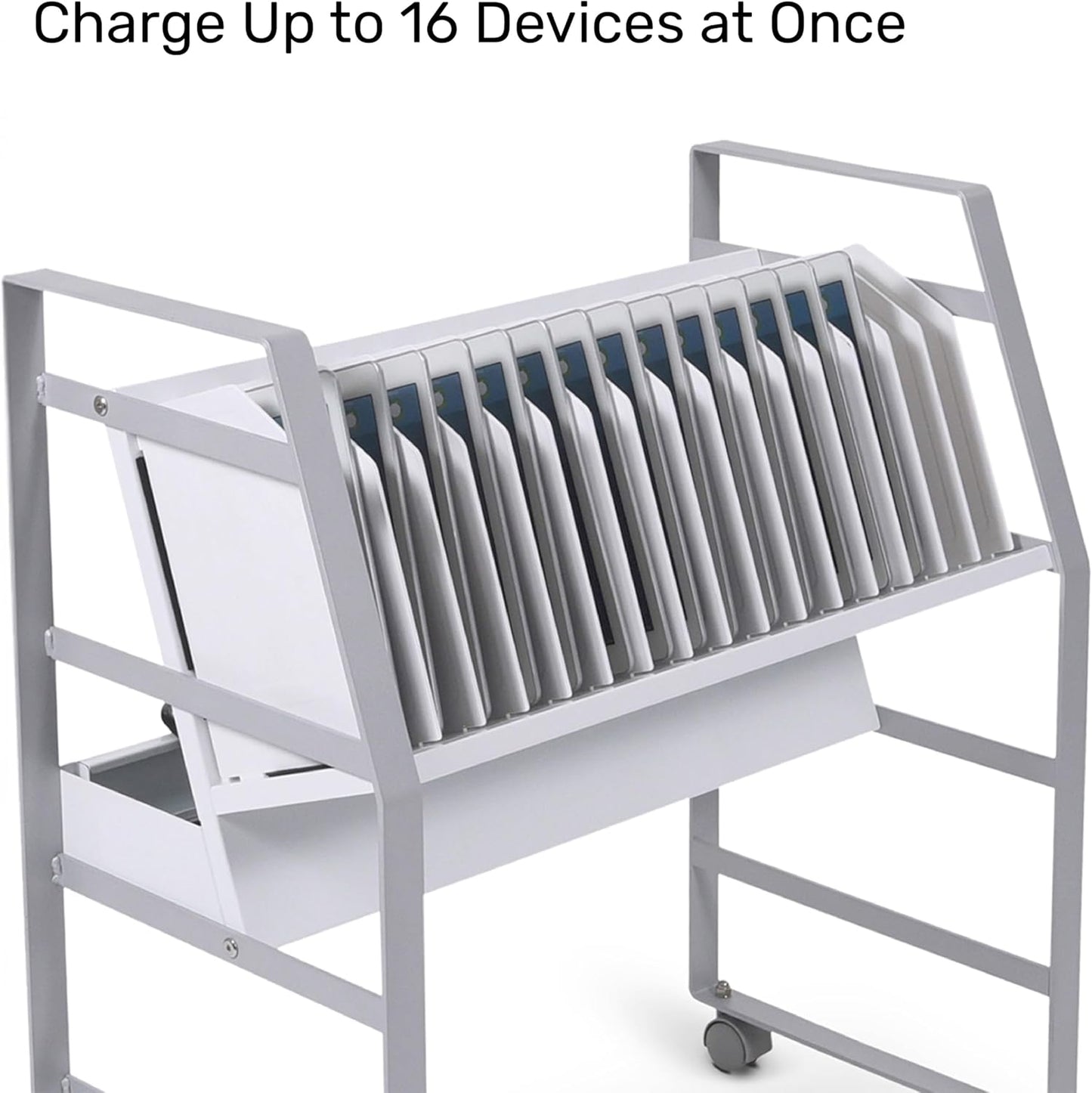 Line Leader 16-Device Mobile Charging Station | Steel Rolling Cart for Laptops, Tablets, & Chromebooks | Open Design with Dividers & UL-Certified Surge Protection | Portable Charging Stand (White)