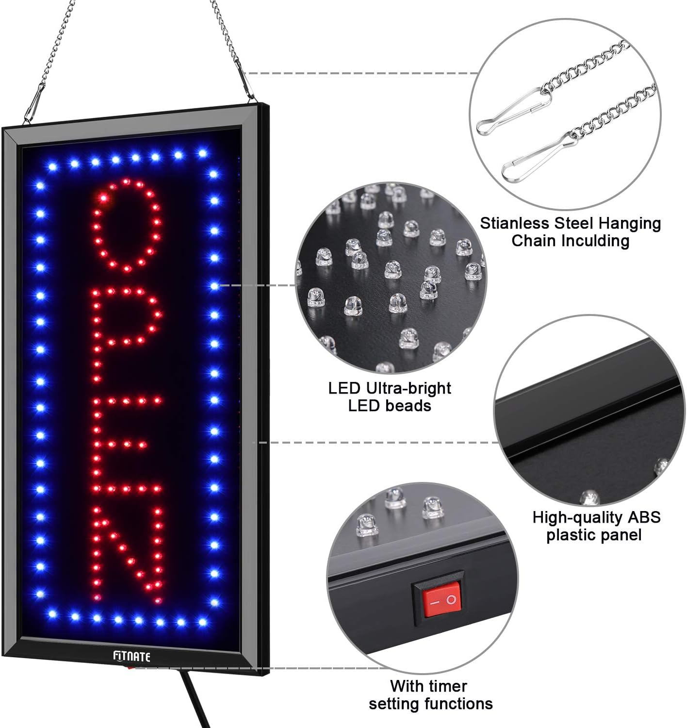 FITNATE LED Open Sign with Remote Control, Timing Function, Ultra Bright Vertical Light up Sign, Flashing & Steady Lighting Modes, Open Signs for Business Window, Wall, Bar, Hotel(19'' X 10'')