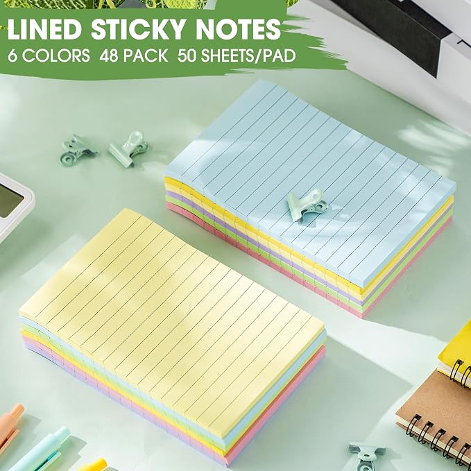 Seajan 48 Pcs Lined Sticky Notes 4 x 6 Self Stick Note Pads 6 Bright Colors - Image 3