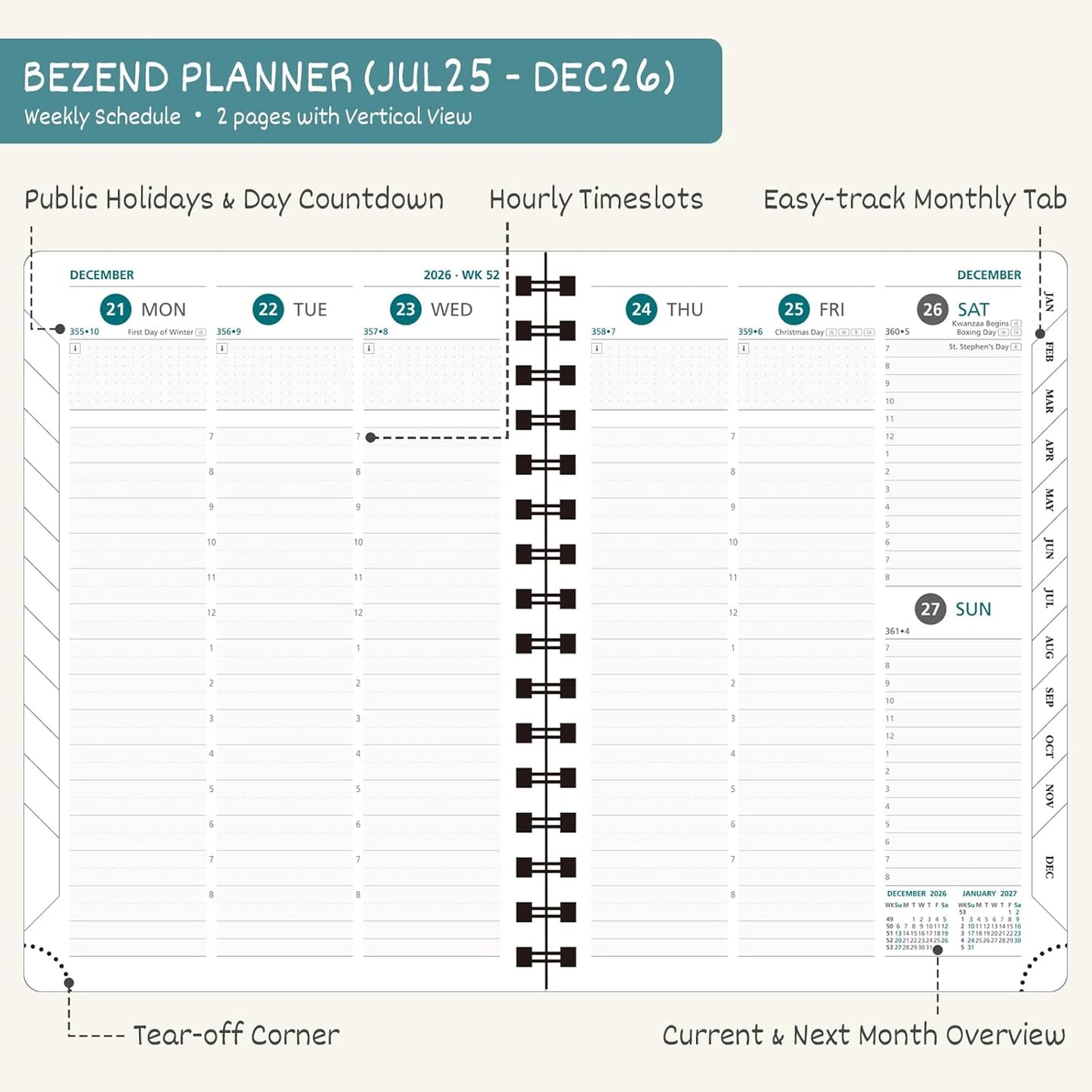 BEZEND Planner 2025-2026 Weekly and Monthly, 5.8" x 8.5" Academic Calendar (Jul 25-Dec 26) Vertical Daily Appointment with Hourly Timeslot & Monthly Tab, Spiral, PU Leather Softcover - Dark Green