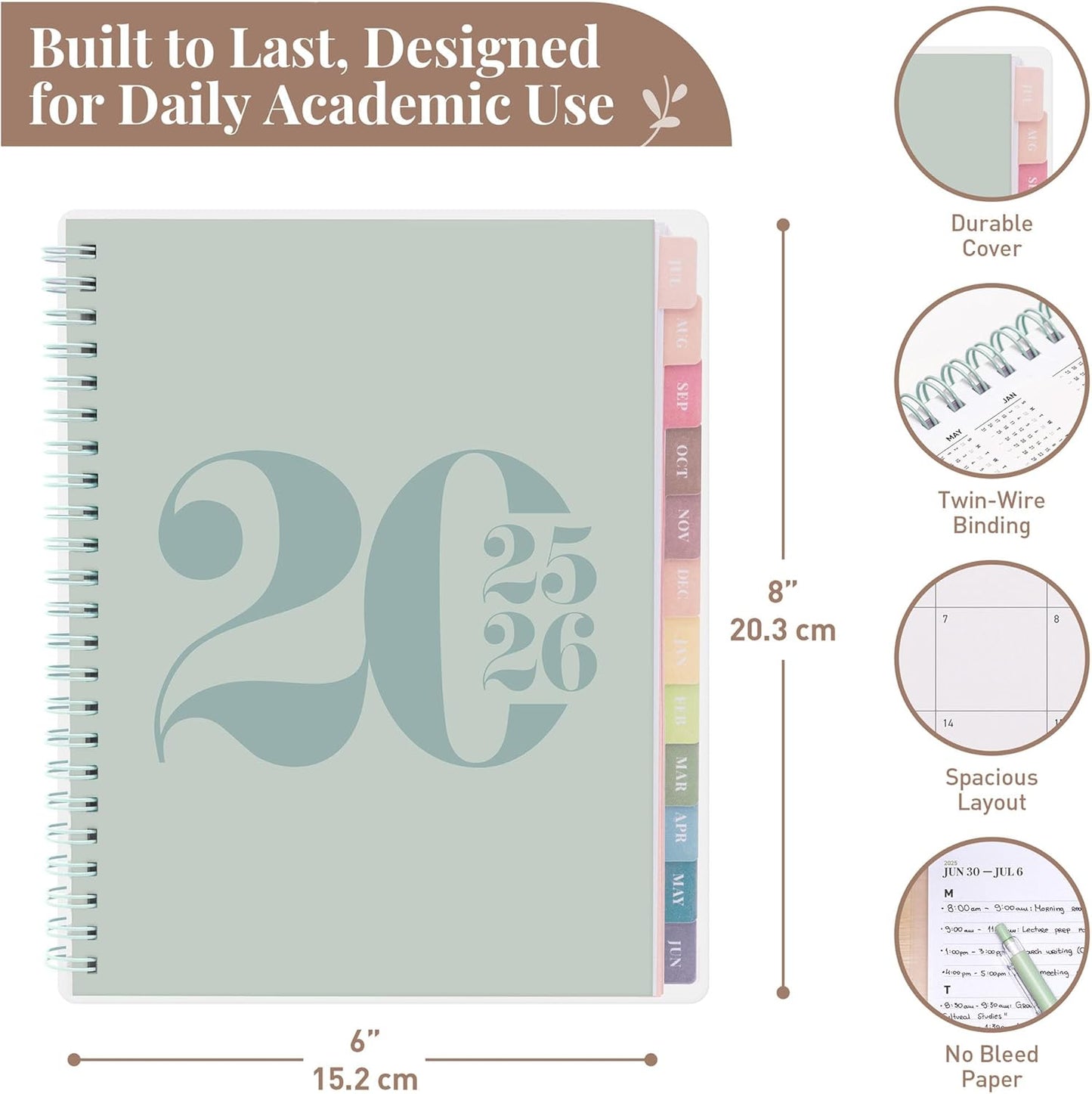 Rileys Academic Planner 2025-2026, Daily, Weekly & Monthly Planner, July 2025 - June 2026, Student Notes Pages, Twin-Wire Binding, Weekly Agenda for School & Work (8 x 6-Inches, Green, Typographic)