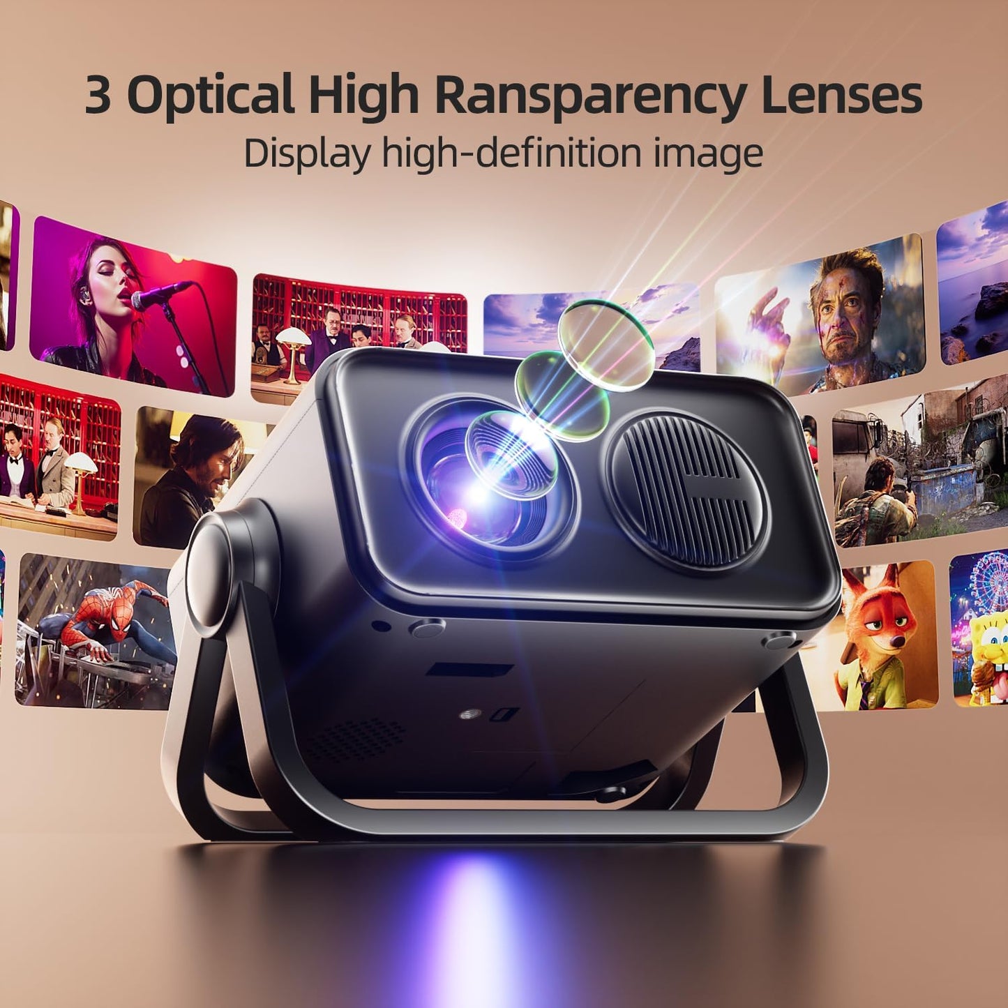 BKZ 2025 upgraded 360°Adjustable Dual Stand AI Auto Keystone Electric Focus Mini Portable Projector with Bluetooth 5.4, 1080P support Outdoor movie Projector compatible with HDMI/USB/Phone (Black)