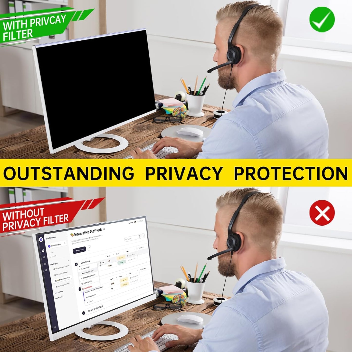 〔2-Pack〕 24 Inch Computer Privacy Screen Filter for 16:9 Monitor, Anti-Blue Light, Anti-UV,Blue Light Blocking Removable Privacy Protector Shield Fits 23.6", 23.8", 24" Monitors