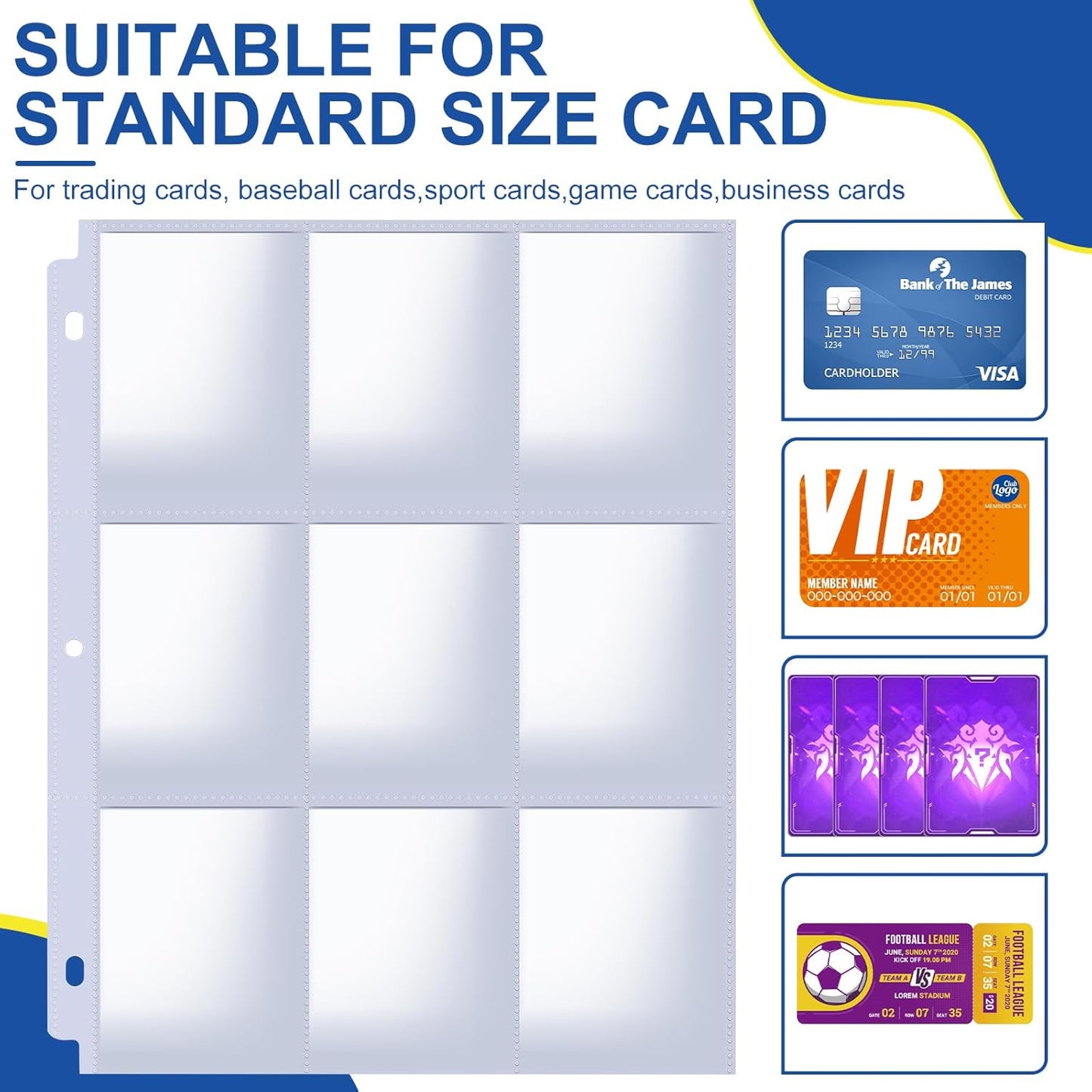 2160 Pockets Card Sleeves Binder Sheets, 9 Pocket Card Sleeves for 3 Ring Binde, Trading Cards Sleeves Fit for Baseball, Football, Game, Business Cards(120 Pages)