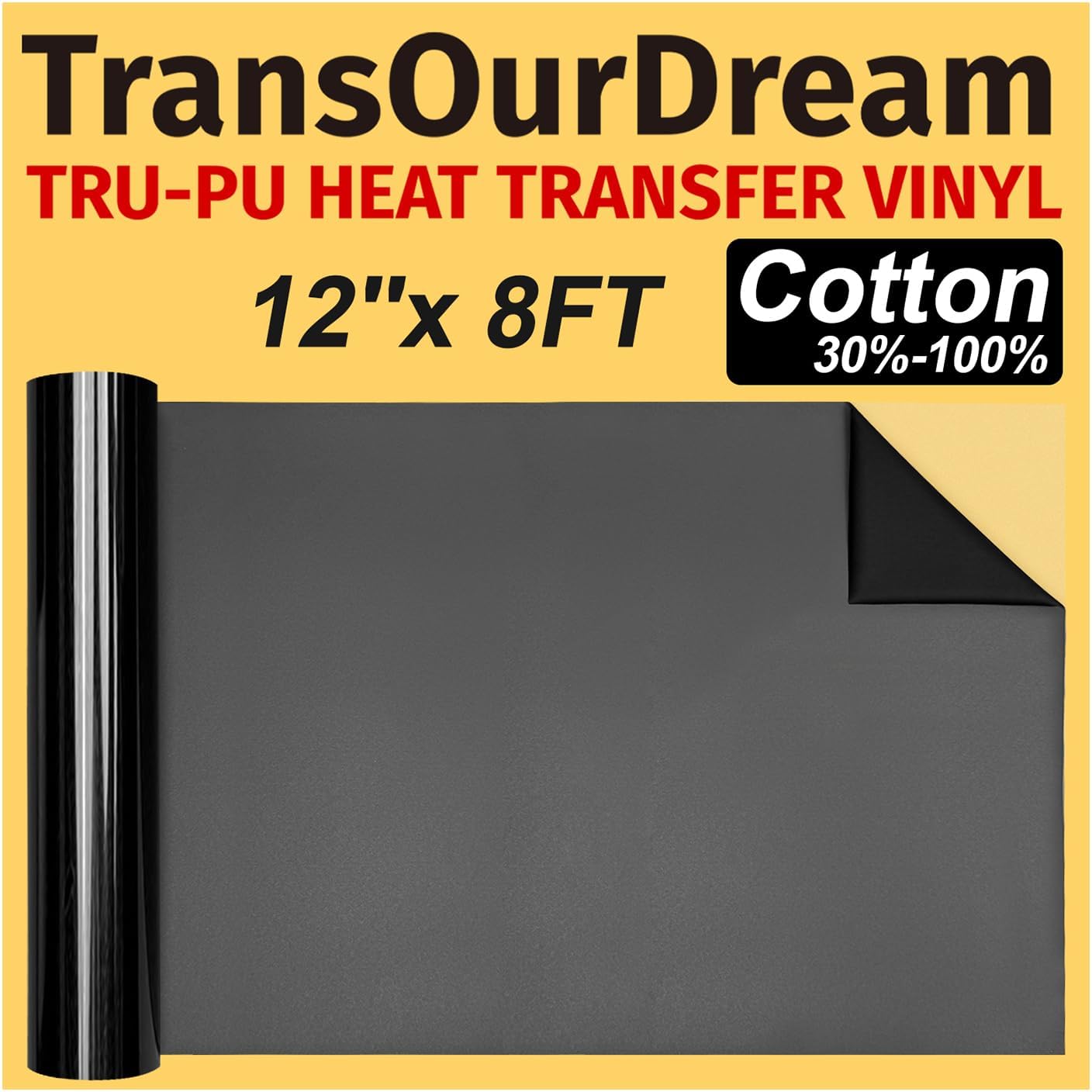 TransOurDream Tru-PU Heat Transfer Vinyl Roll, 12'' x 8ft Matte Black Vinyl for Explore AIR 2, Maker, Cameo, Matte Black HTV Vinyl for T-Shirts, Thinner, Soft, Sticky, Unprintable