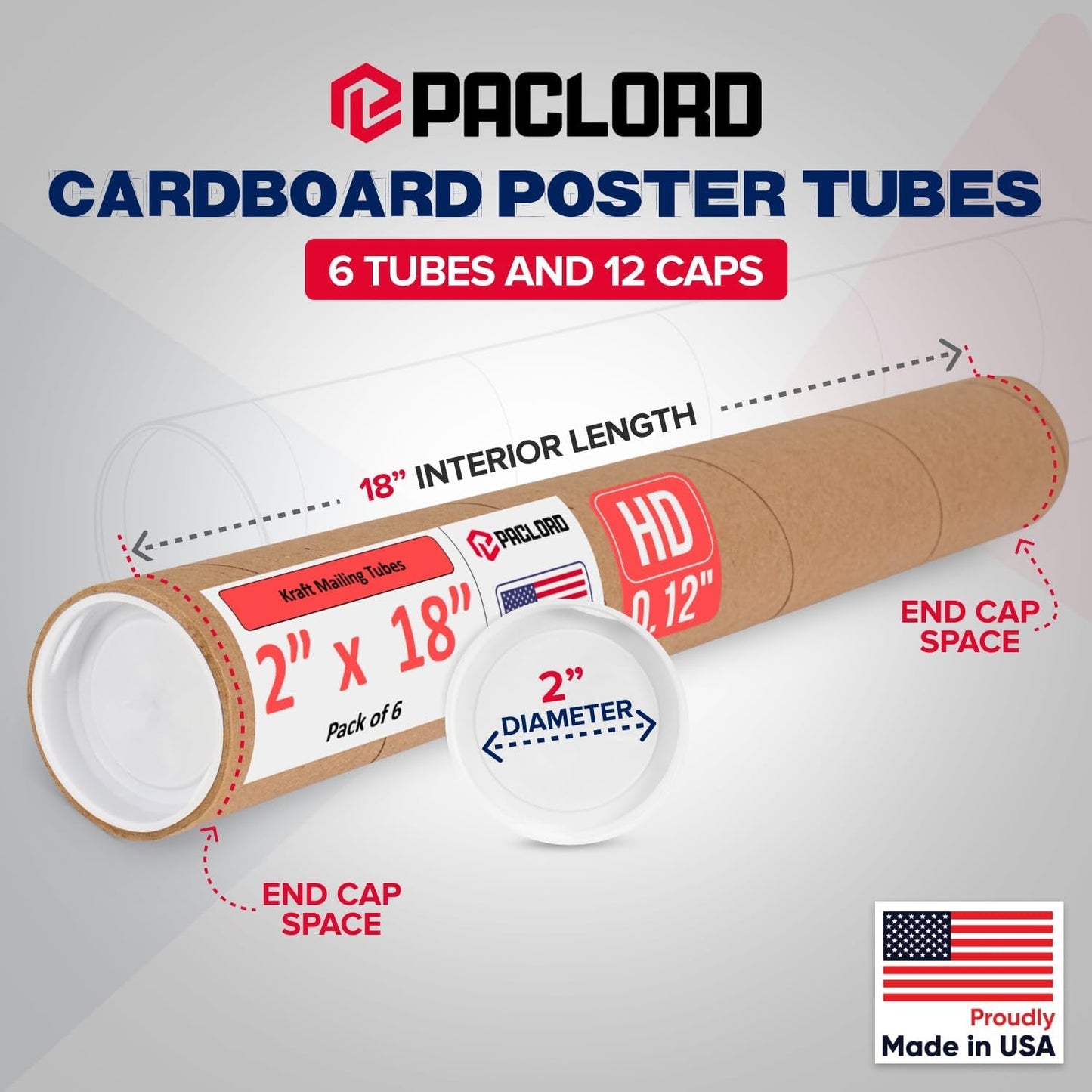 2" x 18" Heavy-Duty Reinforced Cardboard Mailing Tube, Pack of 6 Tubes with 12 Caps – Secure USPS Approved – Great for Shipping and Storing of Prints, Artwork, Posters or Documents
