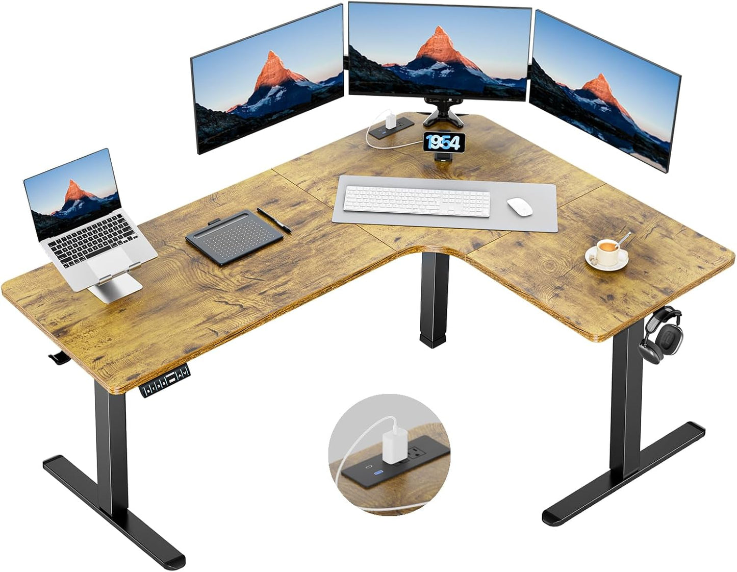 HUANUO 63″ Dual Motor L-Shaped Standing Desk, Built-in Power Outlets, Electric Height Adjustable Corner Computer Desk, Large Power Strip Holder, Sit Stand Up Desk with 3 Preset Heights, Vintage Brown