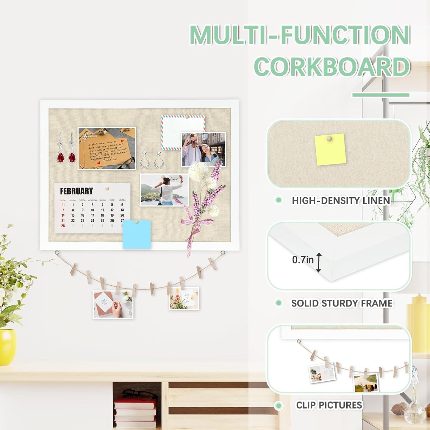 DOLLAR BOSS Cork Board Bulletin Board with Linen Double-Sided 30" x 20" Linen Corkboards for Walls Picture Display Vision Board for Office Home School Framed Picture Pin Board, 20 Pushpins 10 Clips