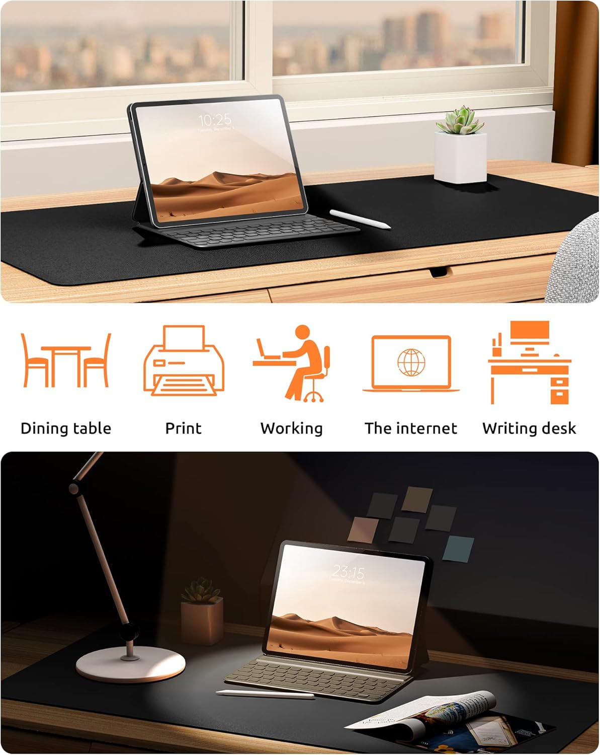 YSAGi Leather Office Desk Pad Protector, Large Mouse Pad, Non-Slip, PU Leather, Laptop Desk Blotter, Waterproof Writing Pad for Office and Home, Black, 23.6" x 13.8"