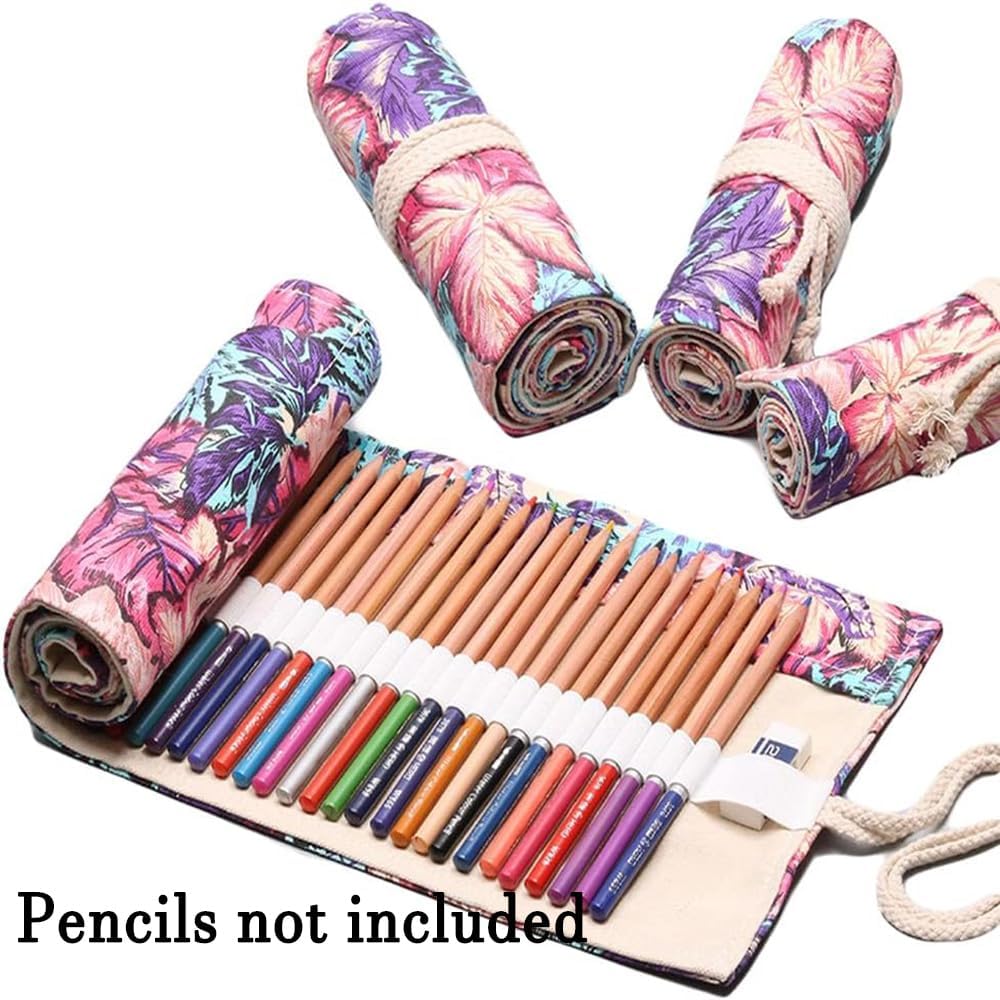 DIYOMR 24/36/72 Slots Pencil Wrap Pencil Rolls, Artist Colored Pencils Roll Up Bag Short Brushes Pouch Case Pencils Organizer for Drawing Coloring and Sketching (Maple Leaves, 24slots)