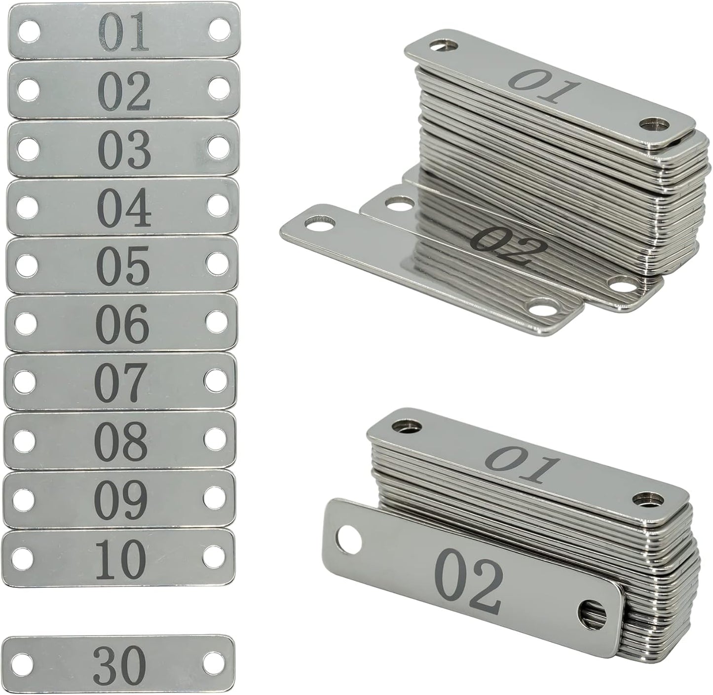 StayMax Small Stainless Steel Rectangle Numbered Tags with Two Holes 4cm*1cm (1-30)