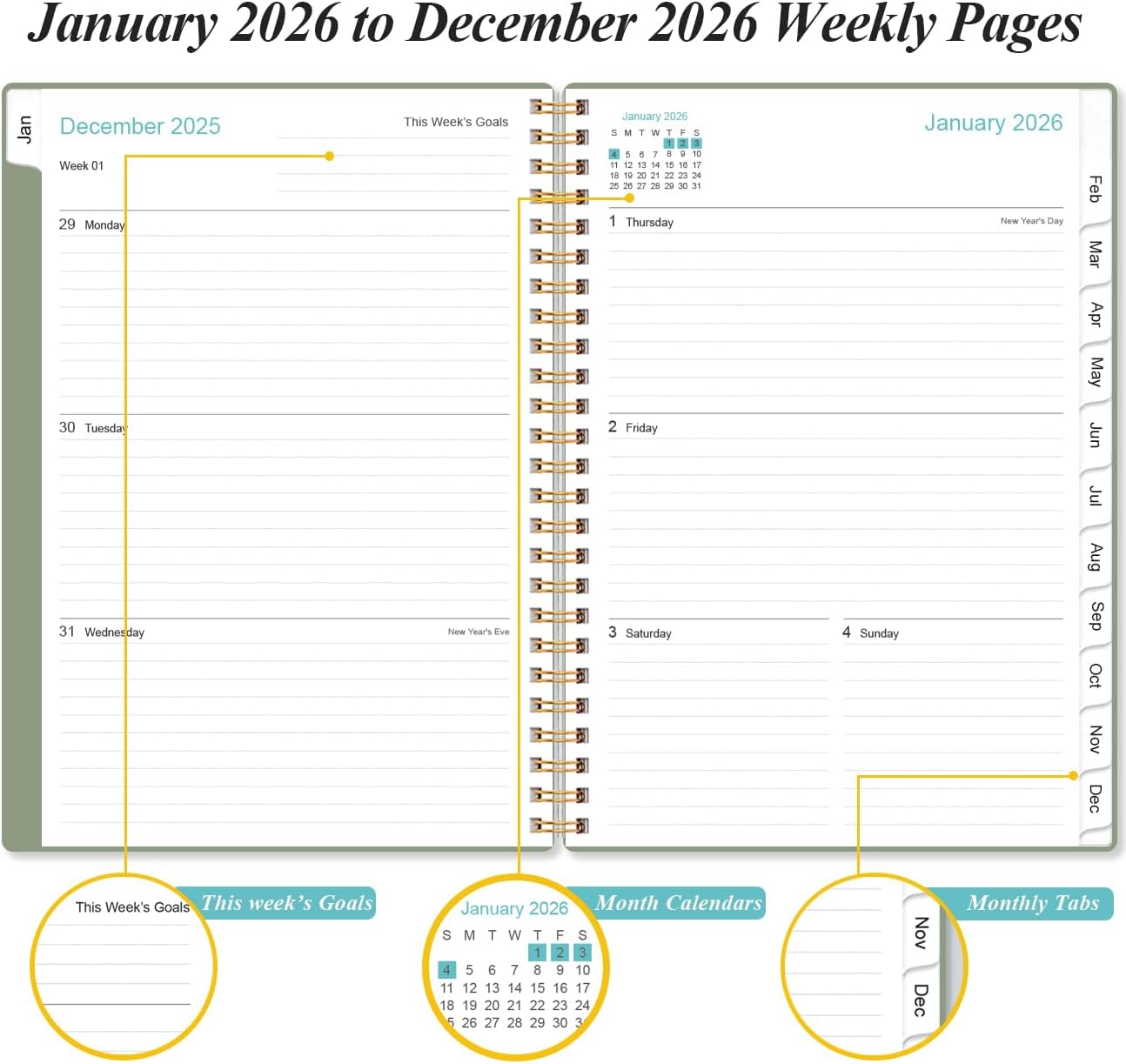 2026 Planner - Weekly and Monthly Calendar Planner from Jan 2026 - Dec 2026, Planner 2026 Spiral Bound with 12 Monthly Tabs, Inner Pocket, Perfect for School Office Supplies, 6.4" x 8.5", Green-C