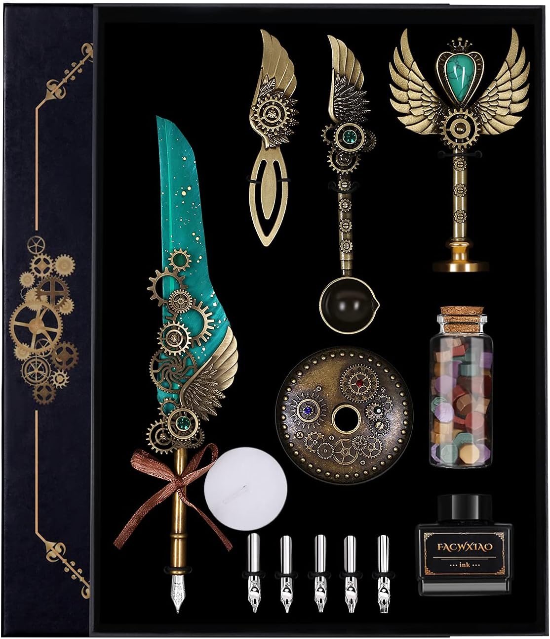 Quill Pen Set, Green, Feather Pen, Ink, Bookmarks, Seals, Nibs, Wax Bead, Envelopes, Writing Paper, Gift Box