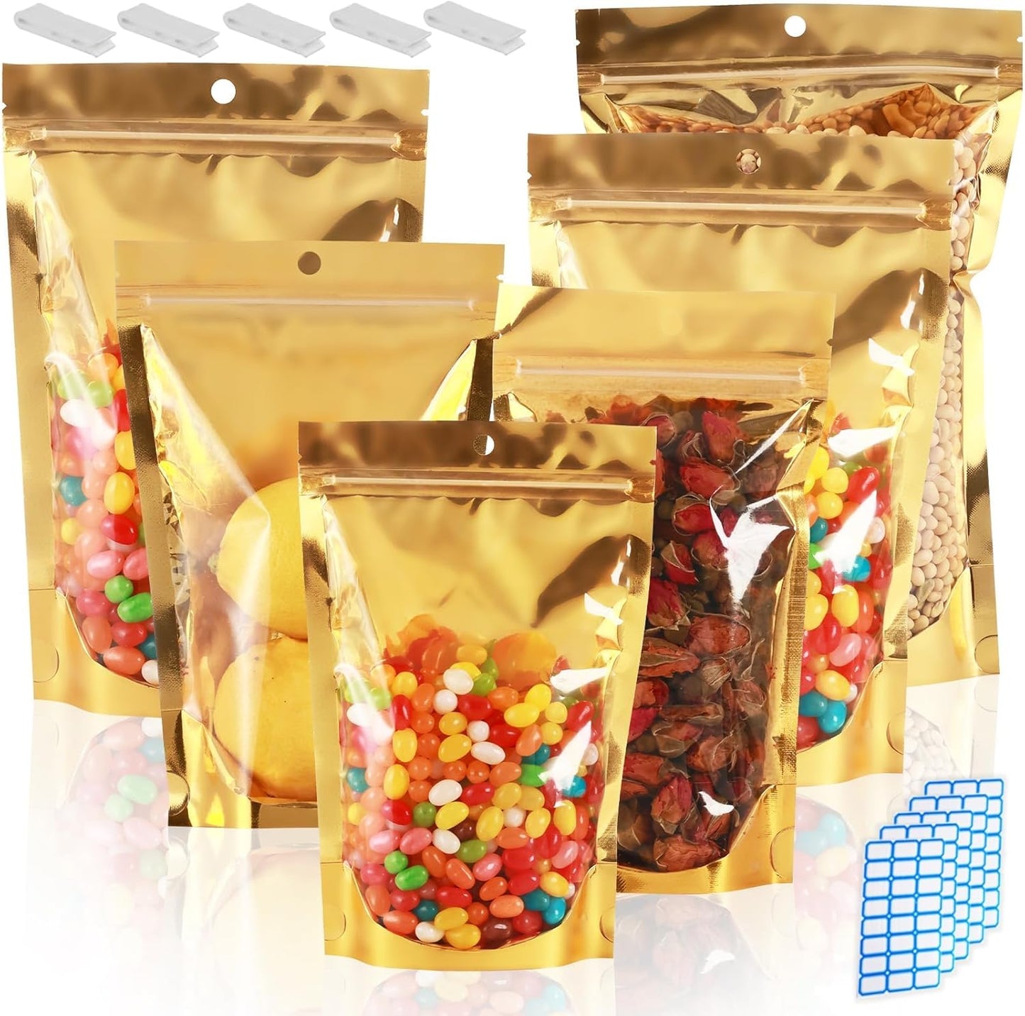150 Pcs Mylar Bags for Food Storage 6x9 Mylar Bag with Window Stand Up Bulk Resealable Bags Smell Proof Bag Food Packaging for Small Business Freeze Dried Candy Jewelry Foil Packaging Gold