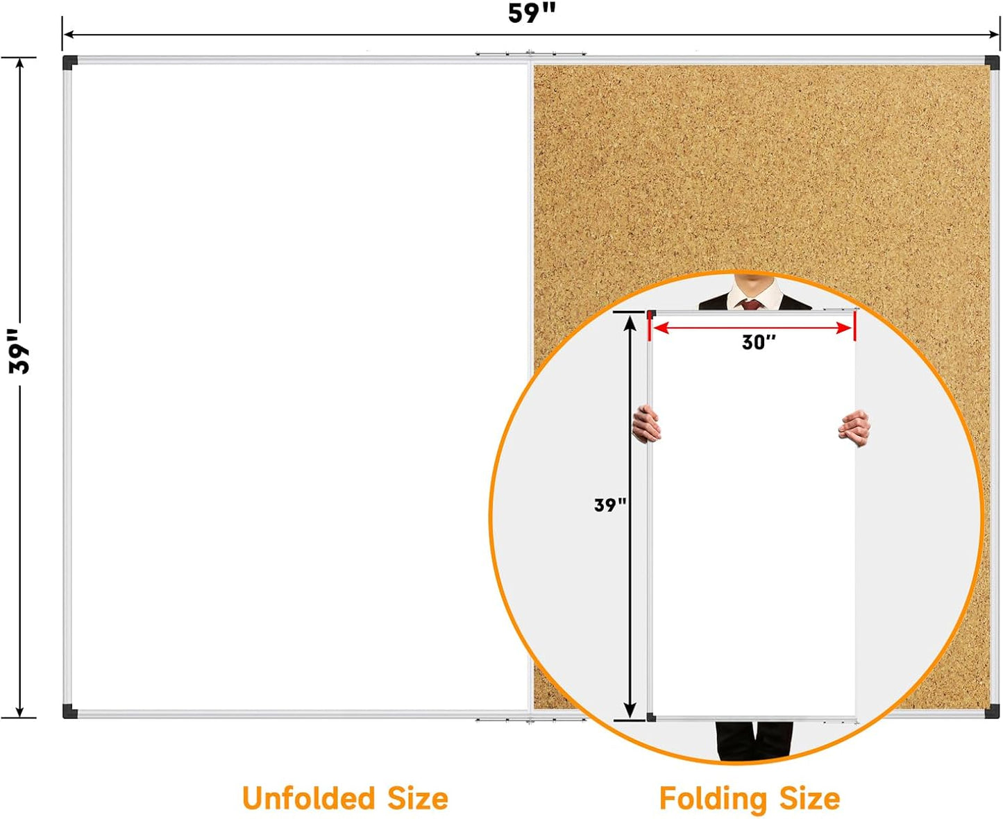 XBoard Extra Large Magnetic White Board and Bulletin Corkboard Combination, 60 x 40 Inch Foldable Dry Erase & Cork Combo Board for Wall with Aluminum Frame, 5' x 3' Notice Memo Board Pin Vision Board