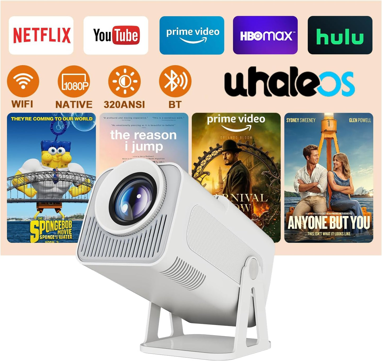 [Netflix Licensed] Smart Mini Projector 320ANSI Native 1080P 4K Support with Official Apps, Portable Projector with WiFi and BT for Home Theater/Outdoor/Bedroom HY320 NTV