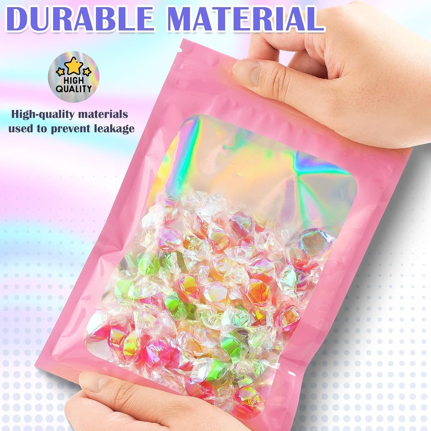 300 Pcs Mylar Bags, Smell Proof Bags Foil Pouch, Holographic Resealable Bags for Small Business, Candy Sample Jewelry Bag Sealable Packaging for Party Favor Food Storage (2.4x3.9in-Pink)