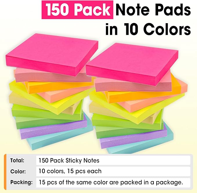 150 Pads Sticky Notes 3x3, Self-Stick Pads Bulk Bright Colors, School Supplies - Image 5