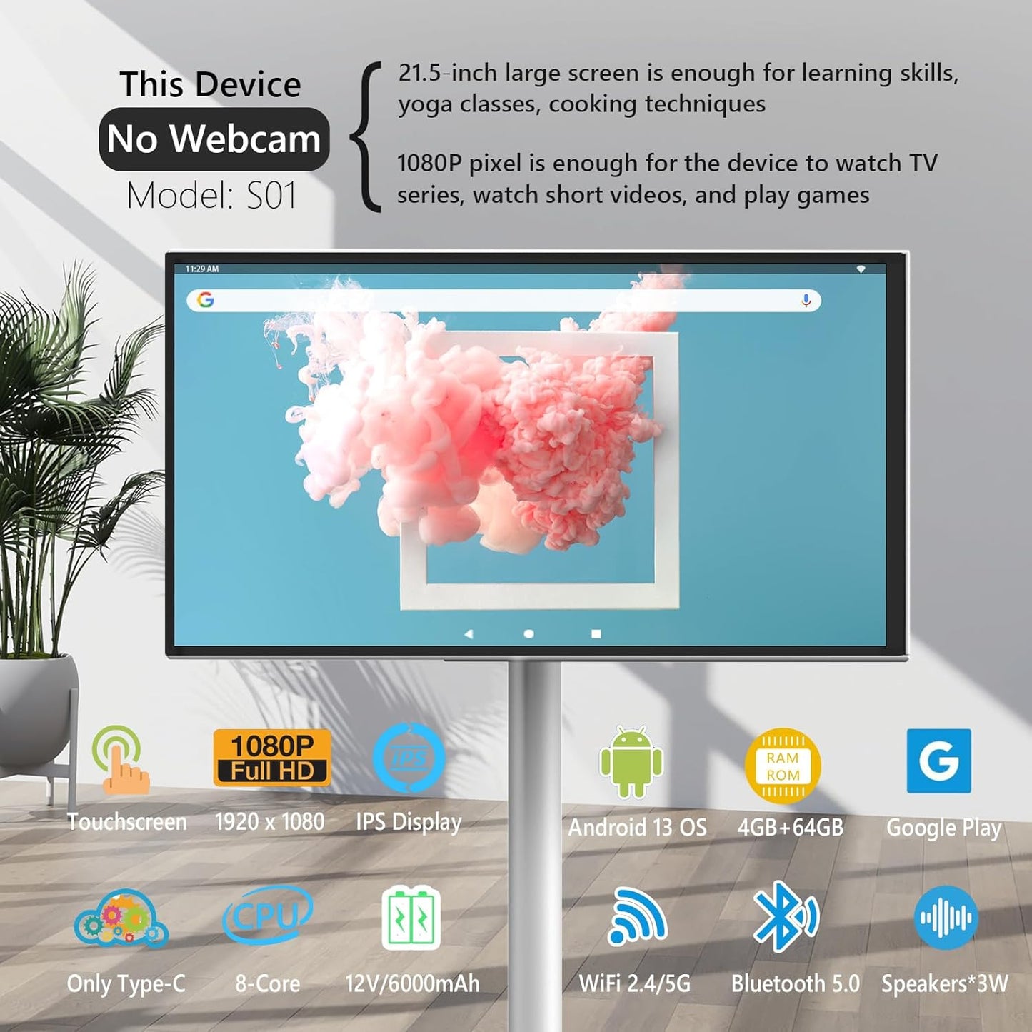 OFD 22-Inch Portable TV on Wheels 1080P,4GB RAM+64GB ROM,Rotating Touchscreen Monitor 100% sRGB,Portable Tablet with Base,Android 13 OS,6000mAh Battery(4-6H),Rolling TV(Without Webcam),White