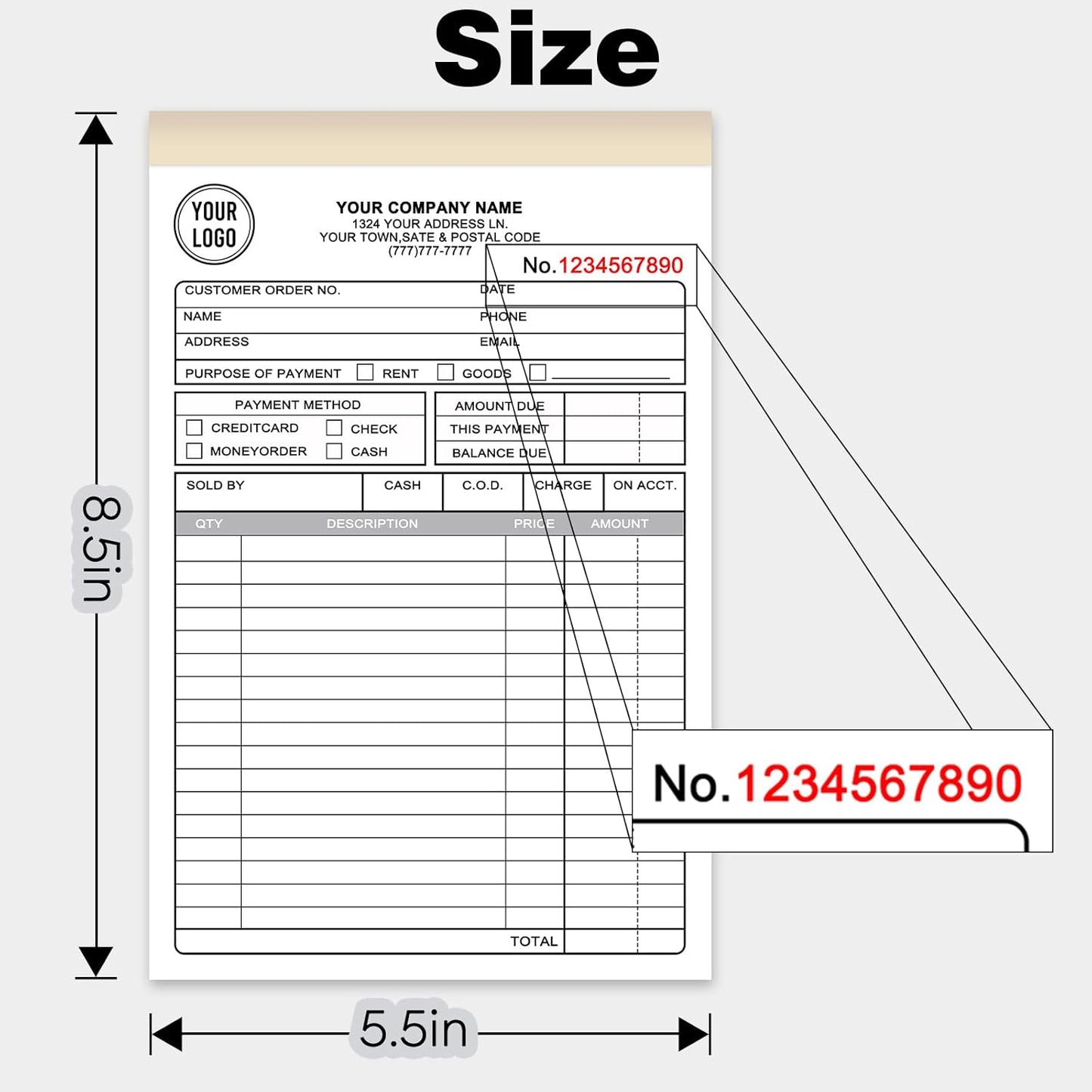 Custom Invoice Receipt Book for Small Business 5.5x8.5" Personalized 3-Part Contractor Duplicate Carbonless Sales Forms with Company Name Address Phone Number 150 Sets