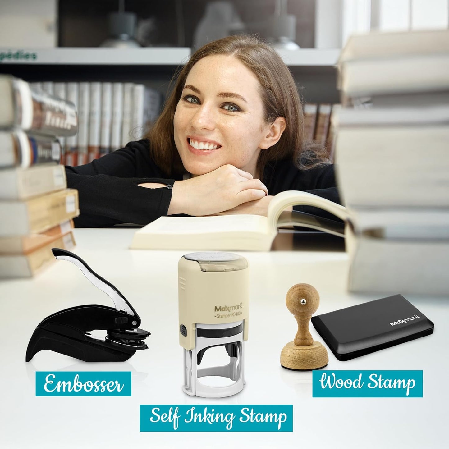 Custom Library Embosser - Style 107 - Embosser, Wood Stamp or Self Inking Stamp - Book Embosser Includes 50 Gold Seals - Custom Stamp Seal from The Library of