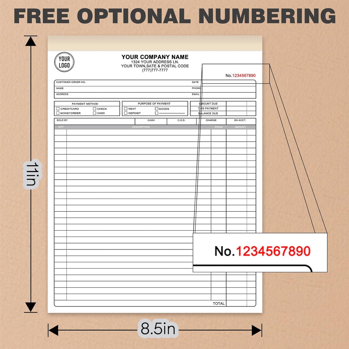 Custom 8.5" x 11" Invoices Receipts Carbonless Books in 3-Part Duplicate Personalized Company Address Name Phone Number 50 Sets