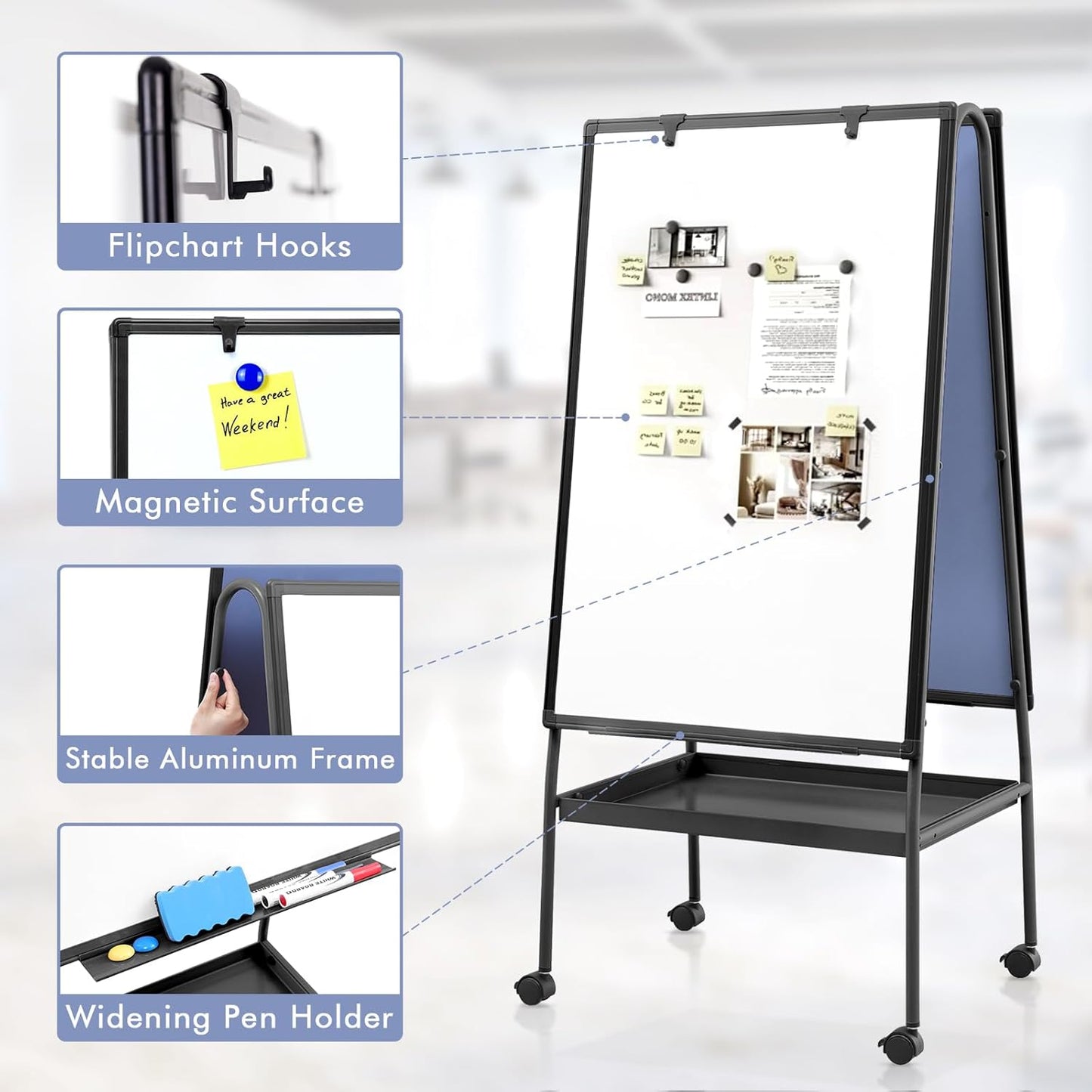 MAKELLO Rolling Whiteboard on Wheels 36x24 in, Double Sided Mobile White Board with Storage Tray for Office School Home, Magnetic Classroom Easel for Teacher, Height Adjustable, Aluminum Frame, 3'x2'