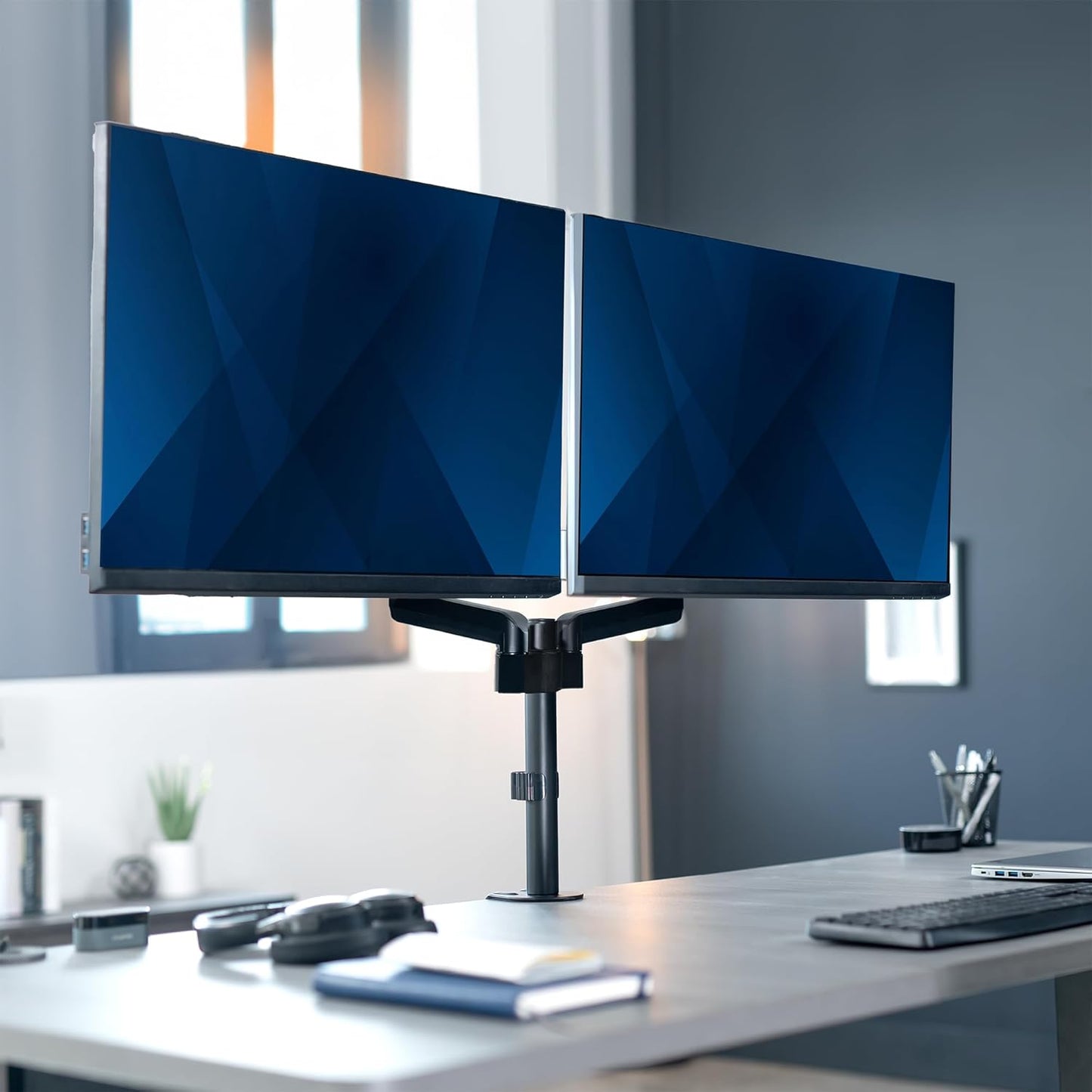 VIVO 17 to 32 inch Dual Pneumatic Monitor Mount, 2 Pneumatic Arms, Adjustable Swivel, Rotation, Heavy Duty VESA Desk Stand with C-clamp, Grommet, Max VESA 100x100, Black, STAND-V002K