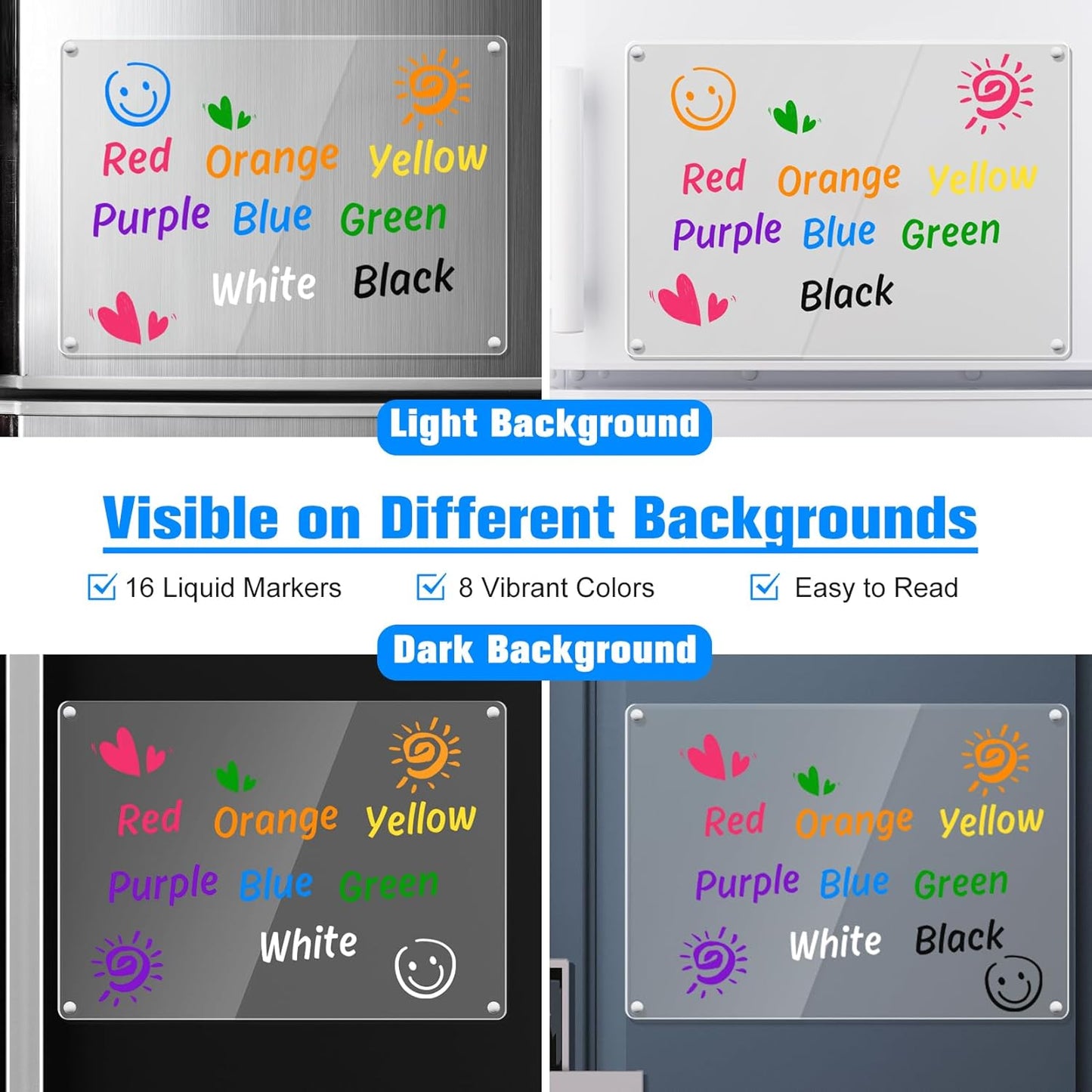 Liquid Chalk Markers Magnetic Wet Erase Markers for Acrylic Calendar Planning Board Clear Glass Writing Board Whiteboard Window/Mirror, 16 Pack, 8 Vibrant Color, 1mm Fine Tip