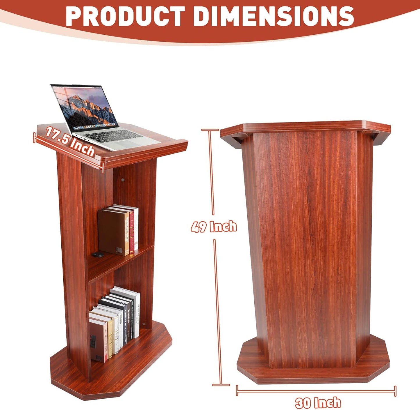 Wood Podium Stand withLarge 2-Tier Shelve, 49" Wooden Lectern with Reserved Wire Hole, Wooden Standing Pulpit with Reading Platfor for Church Office School Home Conference Restaurant Meeting