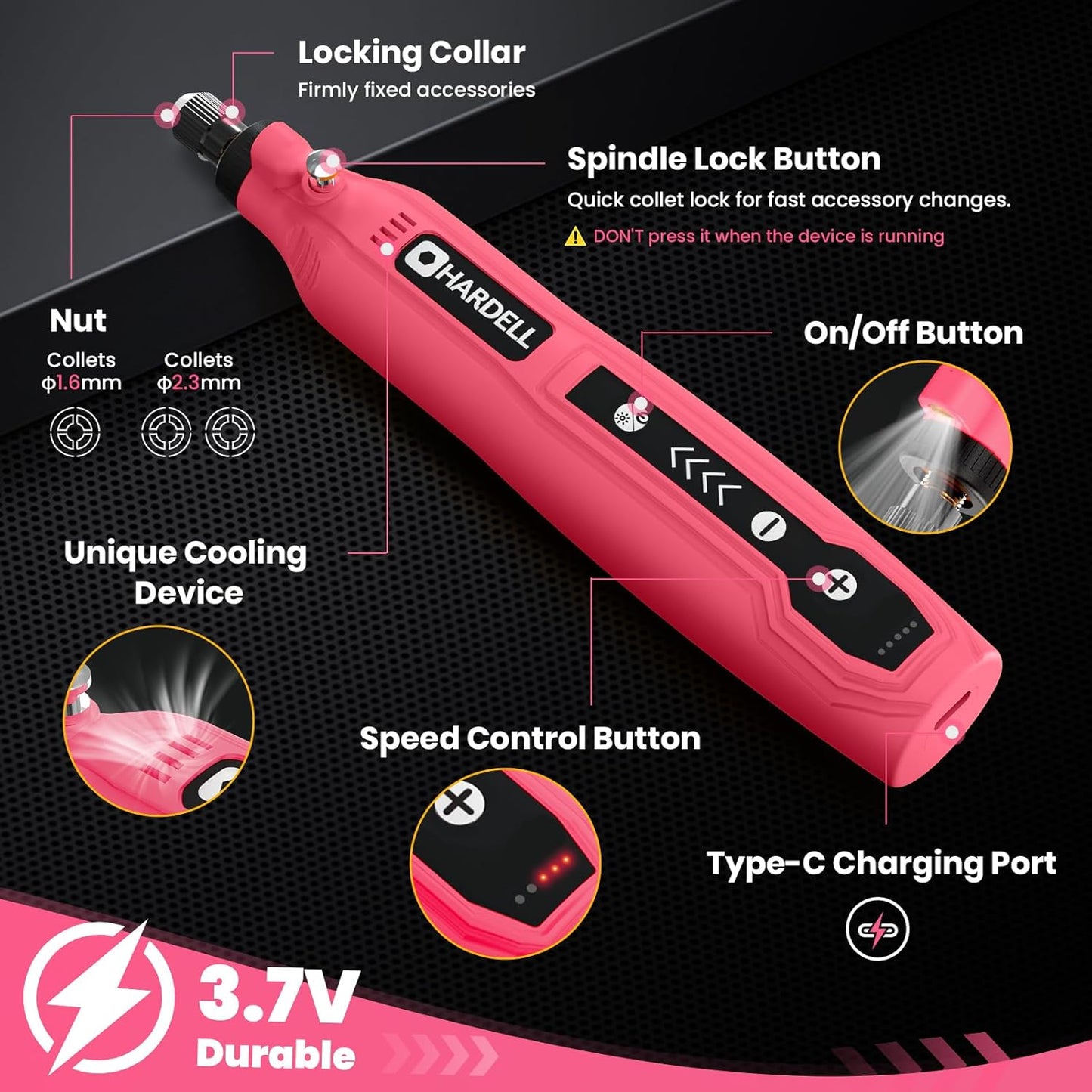 HARDELL Mini Cordless Rotary Tool, 5-Speed 3.7V Rechargeable Rotary Tool Kit with 61 Accessories, USB Charging Multi-Purpose DIY Tool for Sanding, Polishing, Drilling, Engraving, Woodworking