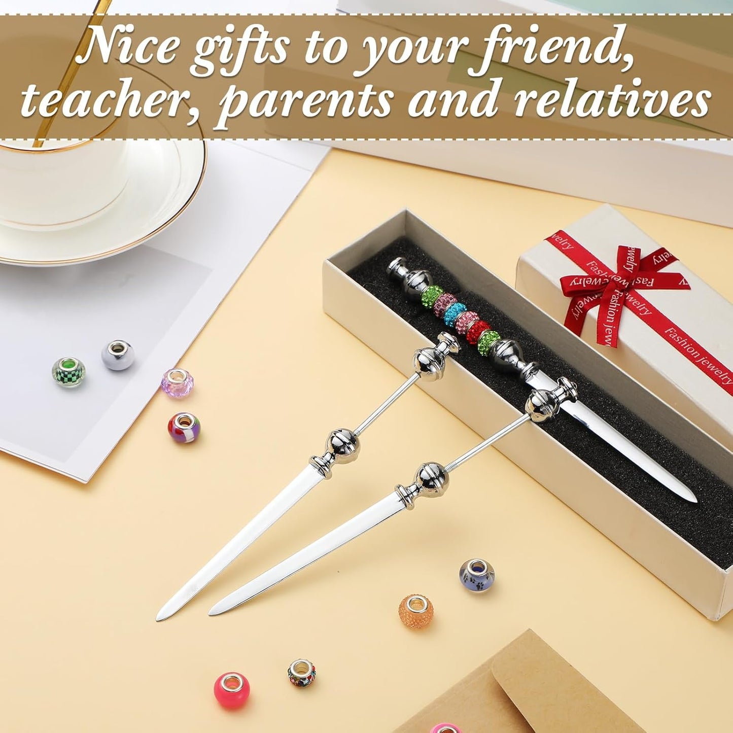 Outus 12 Pieces Beaded Metal Letter Opener Envelope Knife Beadable Letter Opener Stainless Steel Slitter for Gift Office Home DIY Supplies(Silver)