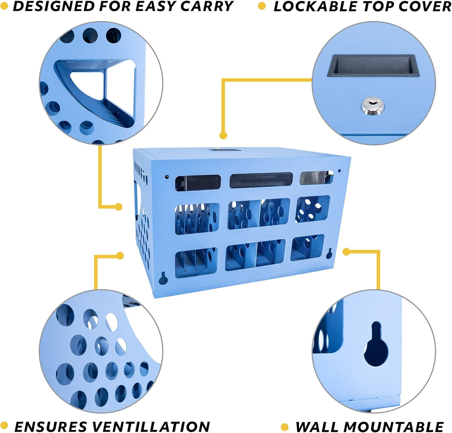 16-Device Charging Station for Chromebooks - Locking Charging Cabinet with Cable Management, Charger Storage, and Lock Included - Fits 14'' Screensize and 1.2'' Thick Tablets (Blue)