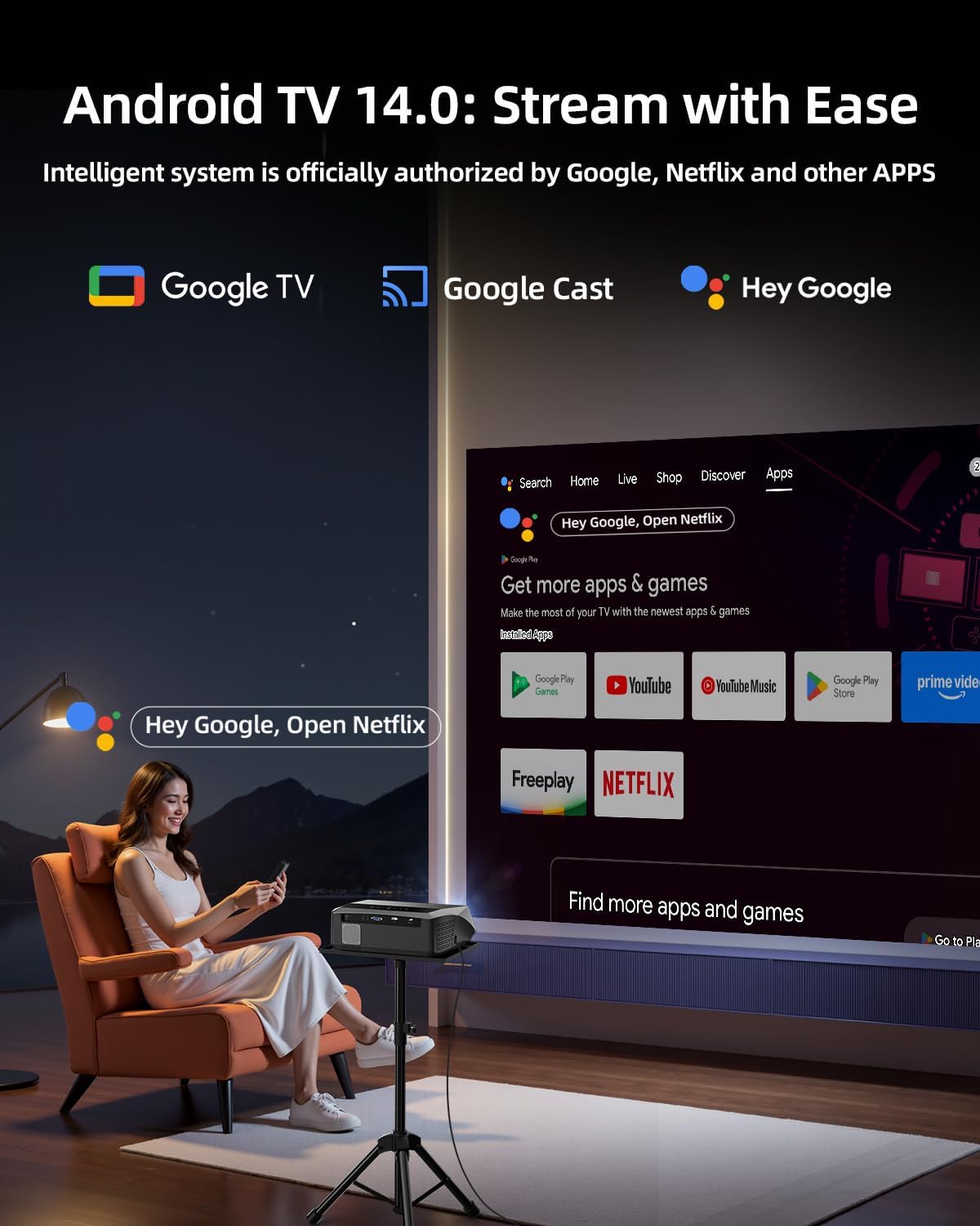 Smart LED 4K Projector Daylight HDR WiFi 6 Bluetooth Google TV, 1800ANSI Daytime Movie Gaming Projectors 4K Ultra HD Home Theater Ceiling with Auto Focus Keystone Zoom Airplay HDMI ARC USB Apps Dolby
