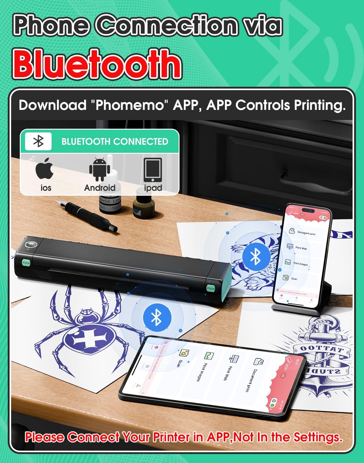 Phomemo M08F Wireless Thermal Tattoo Stencil Printer with 10pcs Transfer Paper, Compatible with Phone/Tablet/PC, Supplies for Tattoo Artists & Beginners, Black & Green