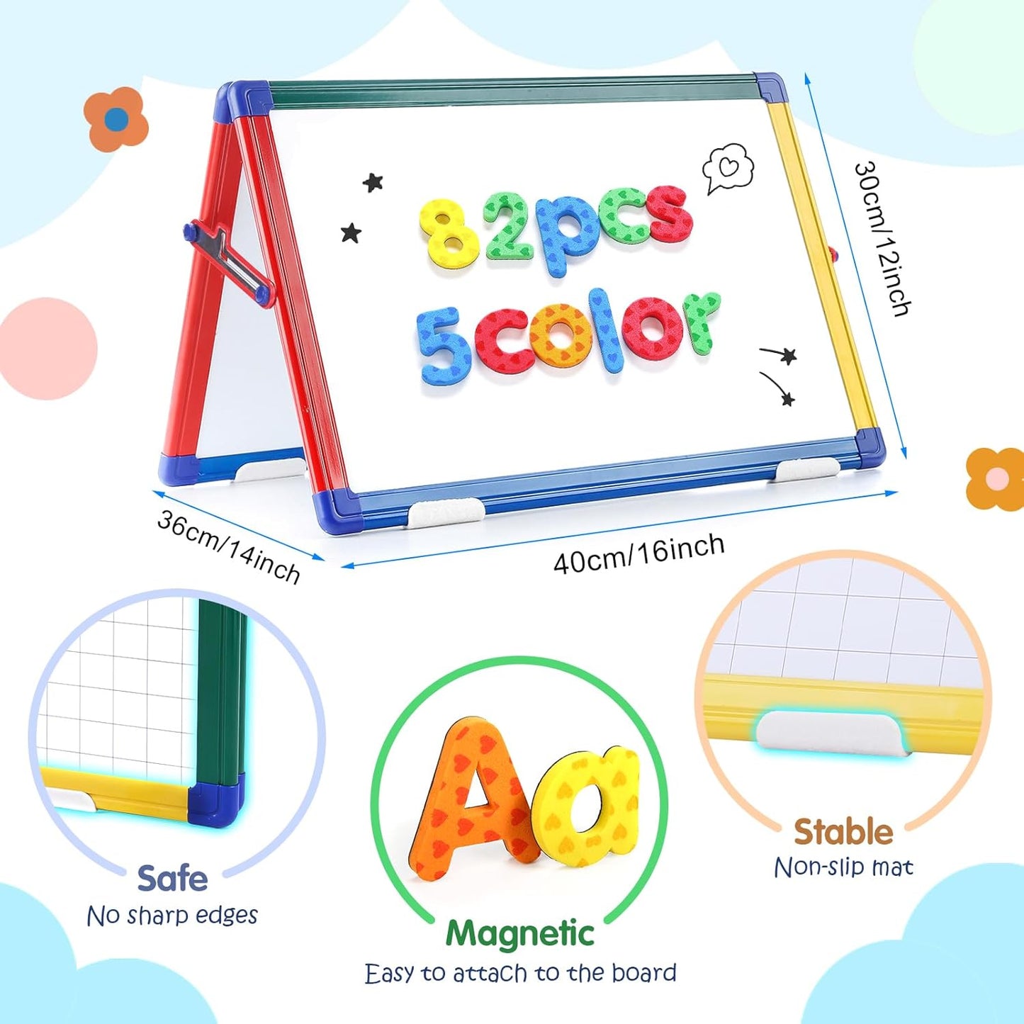 SWANCROWN Portable Dry Erase White Board for Kids, 16x12 inch Toddler Boy Girl Toys Magnetic Table top Whiteboard Small Double Sided Art Easel with 82Pcs Letter Magnets Magnetic Foldable Board