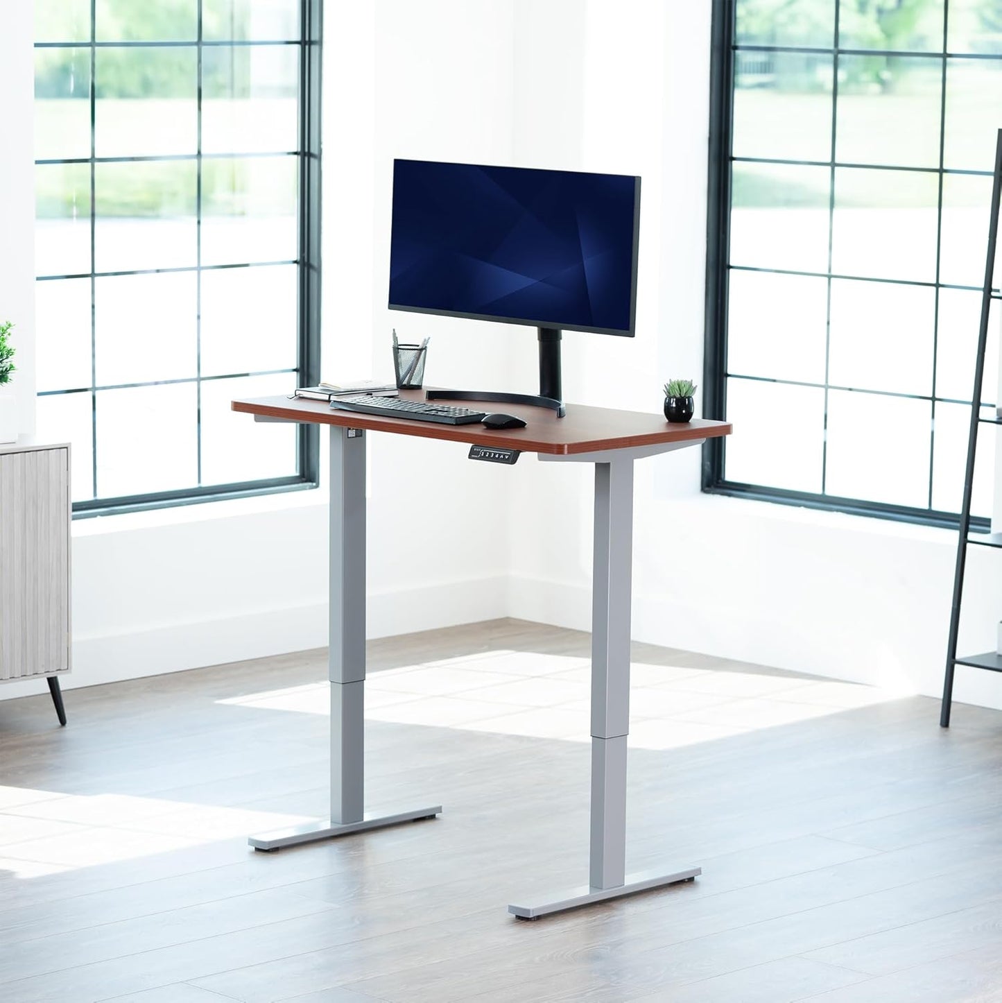 VIVO Electric 43 x 24 in Standing Desk, Memory Height Adjustment, 1B Series, One-Piece Dark Walnut Top, Gray Frame, DESK-KIT-1G4D