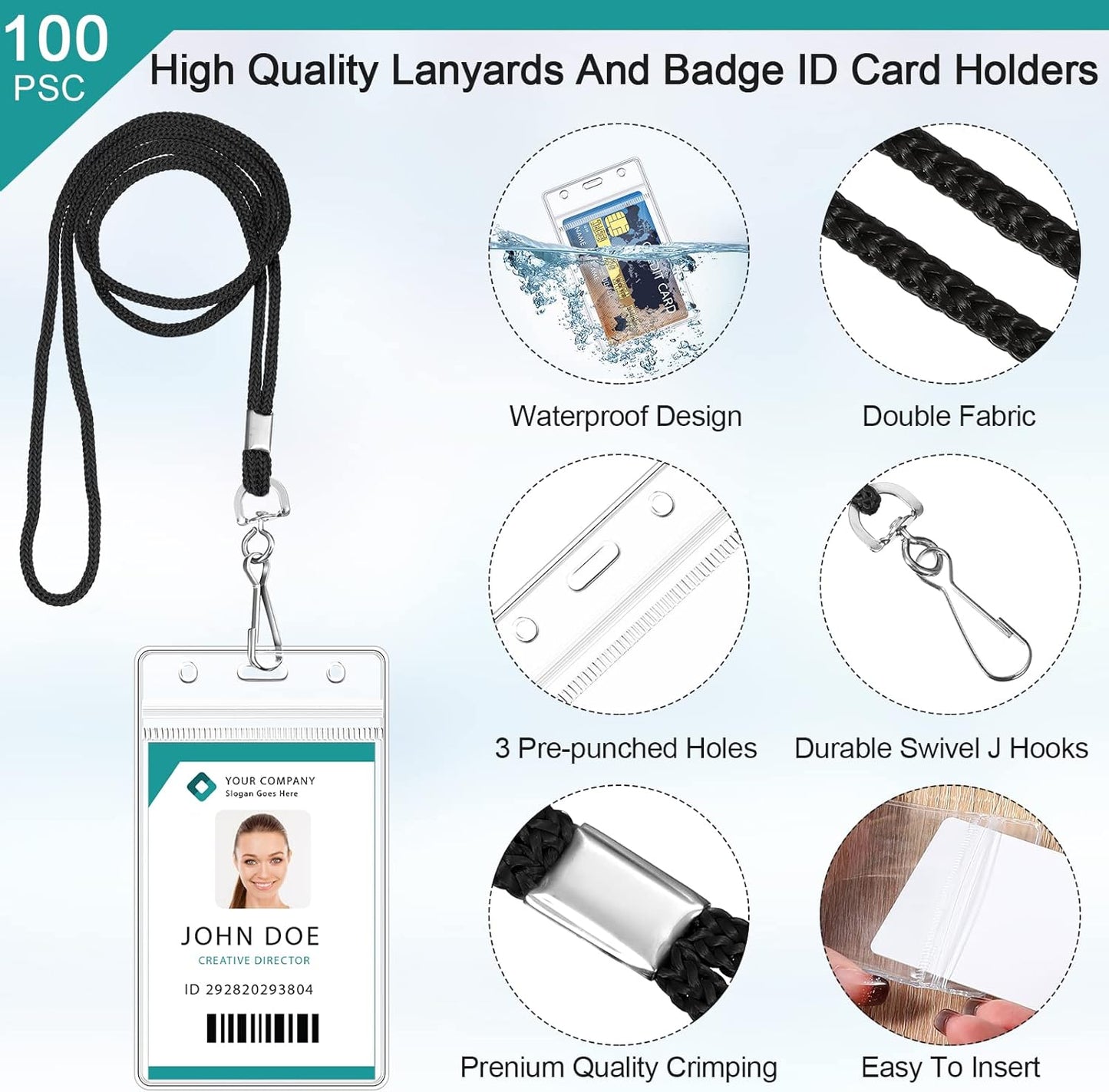 Marspark 100 Pieces Lanyards for ID Badges Name Tag Lanyards Bulk Neck Lanyard Badge Holder for Reel ID Card Name Badge Holder Waterproof Plastic Resealable Card Sleeves Hook Cords(Black)