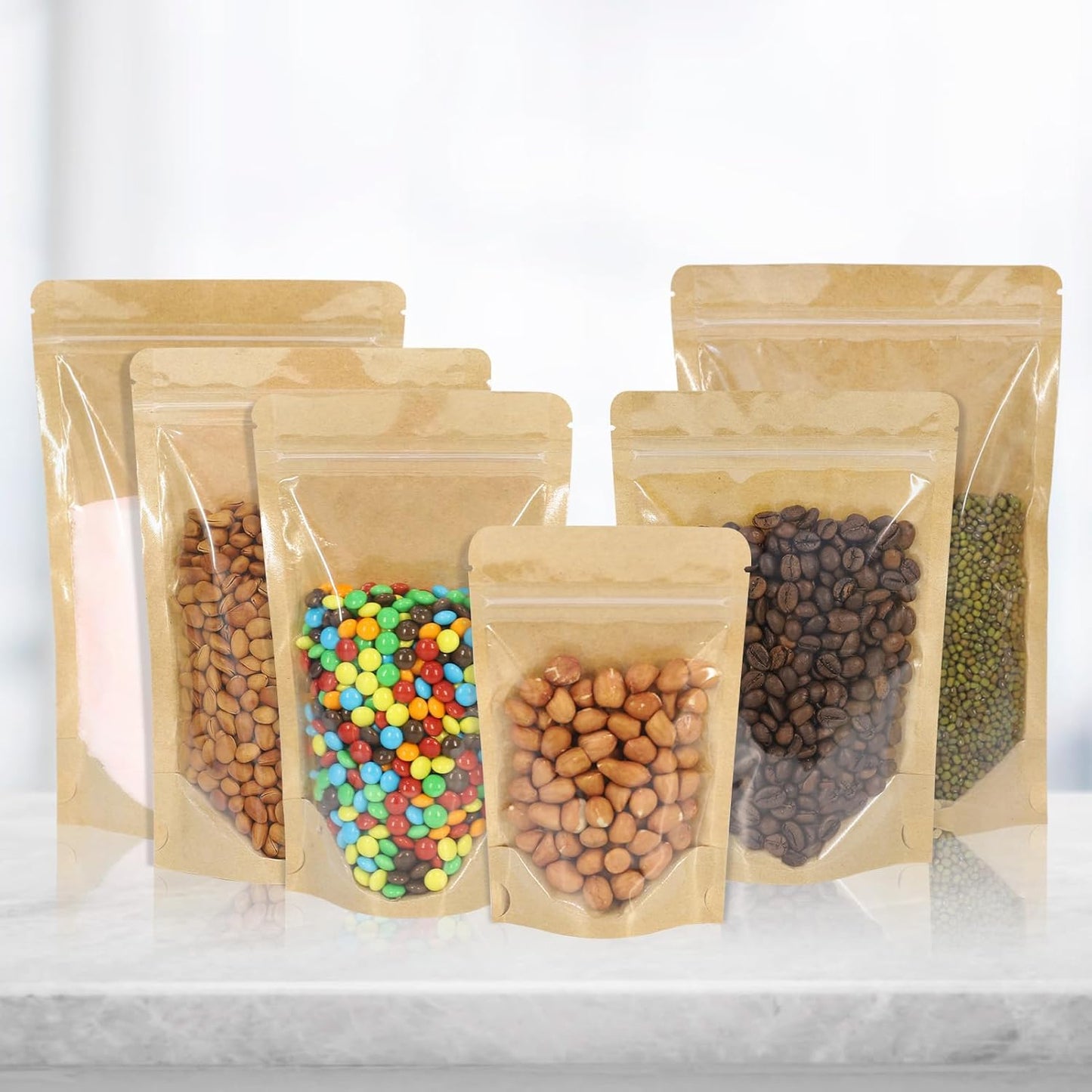 100 PCS Resealable Bags, Stand Up Kraft Bags with Window Clear Front Pouches, Zipper Lock Food Storage Bags 6.29×9.44 Inch Reusable Sealable Bags for Packaging