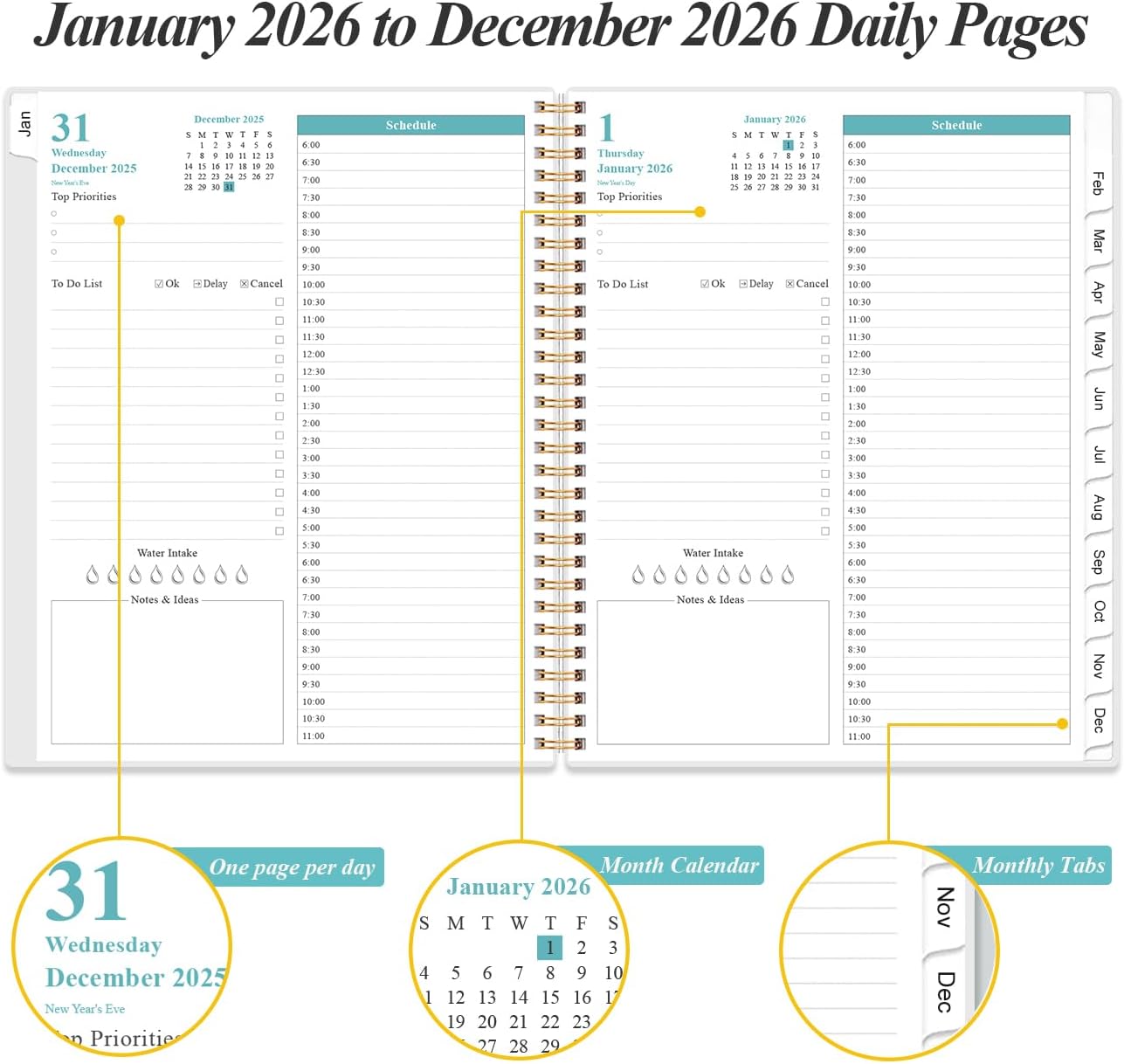 2026 Daily & Monthly Planner - One Page Per Day, Daily Planner from January 2026 - December 2026, Planner 2026 with 12 Monthly Tabs, 8.5" x 11", Blue Watercolor