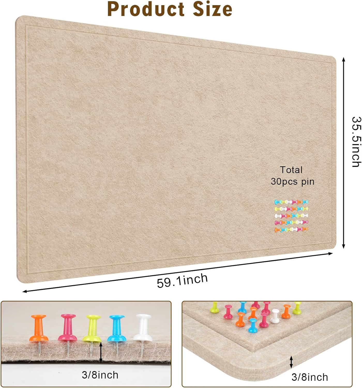 Large Cork Bulletin Board - 60 X 36 Inches With 30 Pushpins, 5' x 3' Pin Board for Walls, Self-Adhesive Felt Vision Board, Foldable Photo Board (Beige Brown)