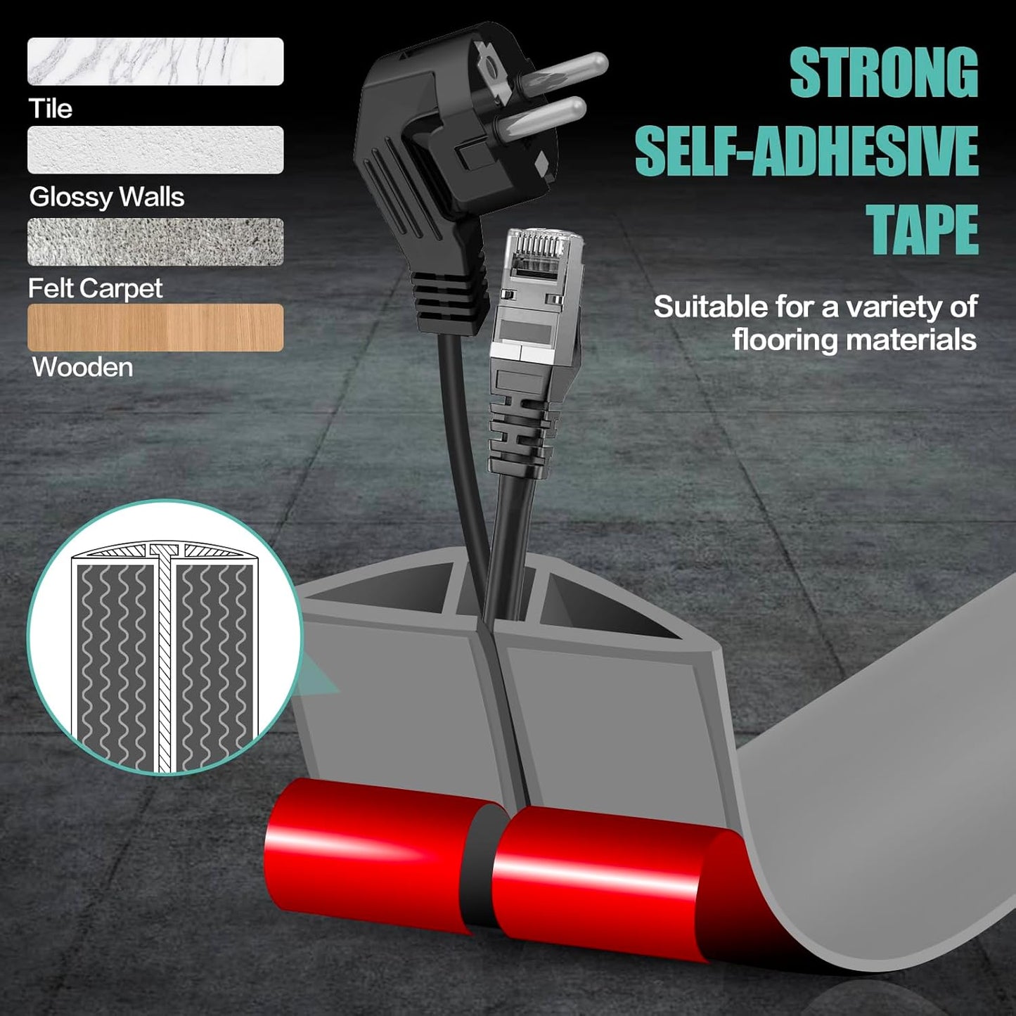 Floor Cord Cover Self Adhesive Cord Hider,10FT Cable Management, Extension Strip Protector for Wires, Prevent Cable Trips for Offices, Gyms, Exhibitions Cavity:0.47"(W) x 0.35"(H) Gray